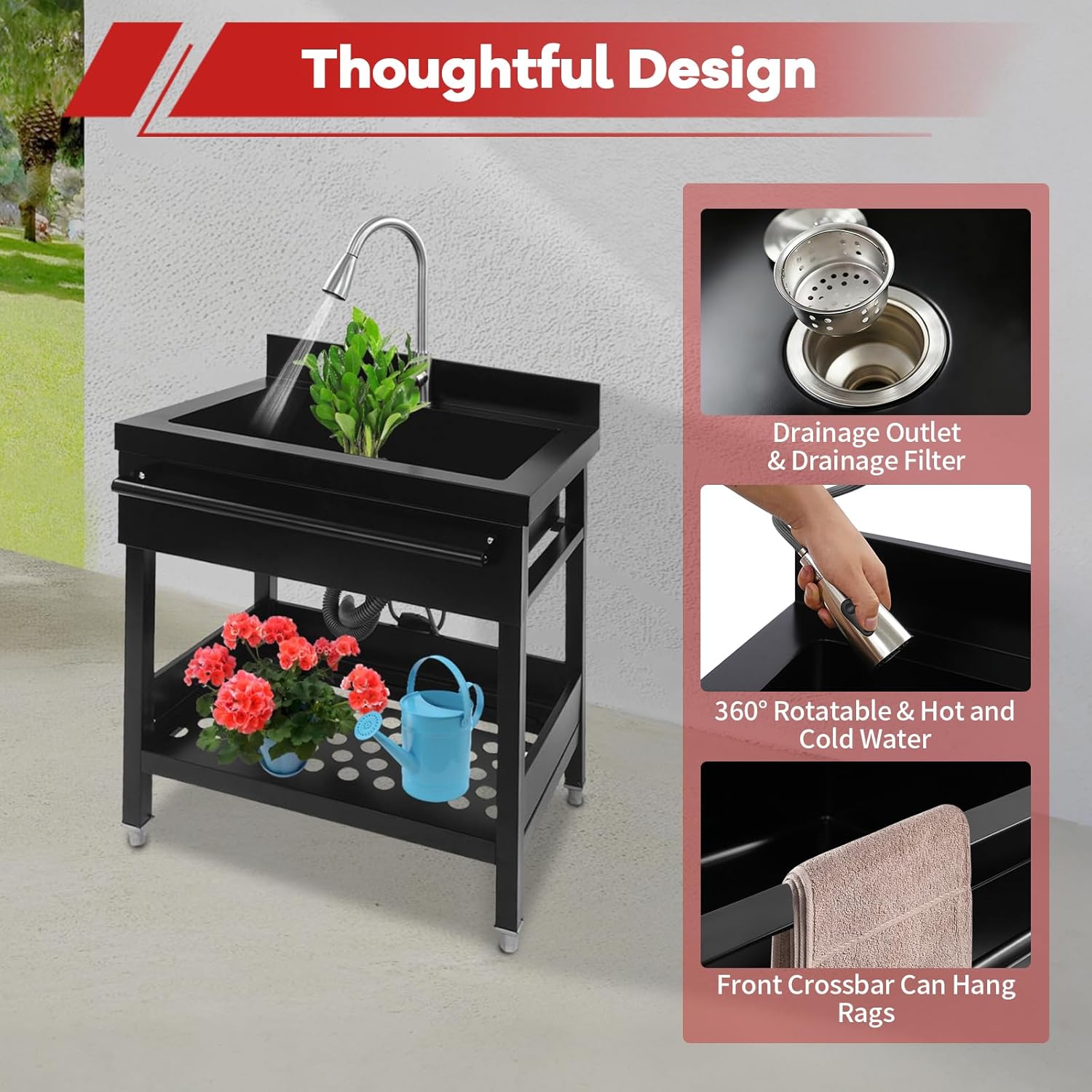 Stainless Steel Utility Sink, Freestanding Single Bowl Laundry Sink with Cold & Hot Pull-Out Faucet, Towel Bar & Storage Shelf, Home Laundry & Utility Sinks for Restaurant, Garage, Garden (Black)