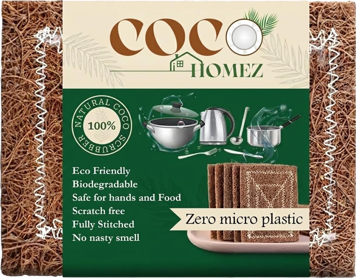 Dishwash Scrubber - COCO HOMEZ | Set- 5, Natural Kitchen Coir Scrubber for Sparkling Clean Dish Wash| | Natural DishWash Pads for Utensils, 0 Micro Plastic Sponge Eco-Friendly, Biodegradable