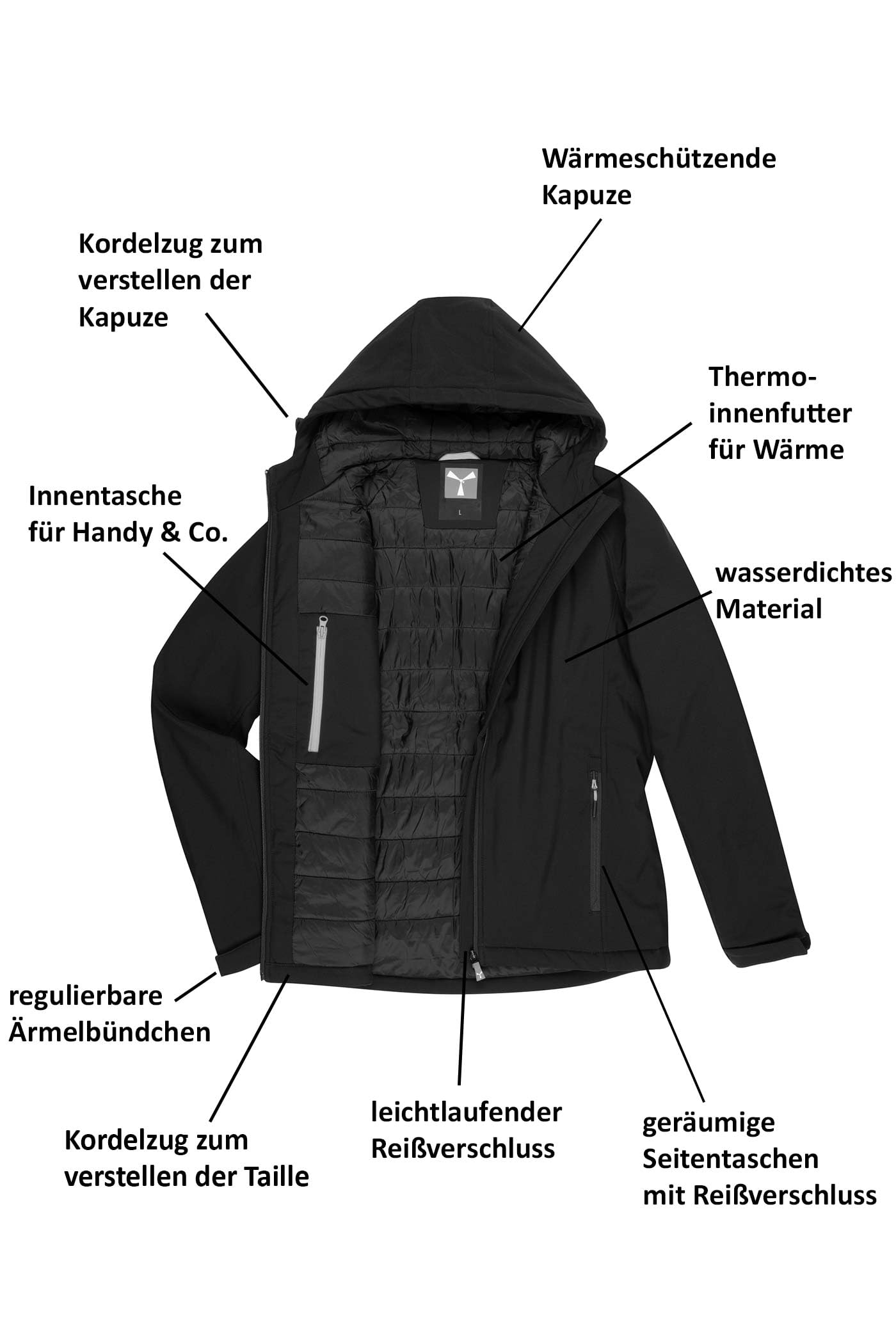 Herren Winterjacke - wasserdichte Softshelljacke mit Kapuze, winddicht atmungsaktiv gefüttert - Arbeitsjacke & Outdoorjacke für Winter, Übergangszeit und Freizeit, warme Funktionsjacke S-5XL