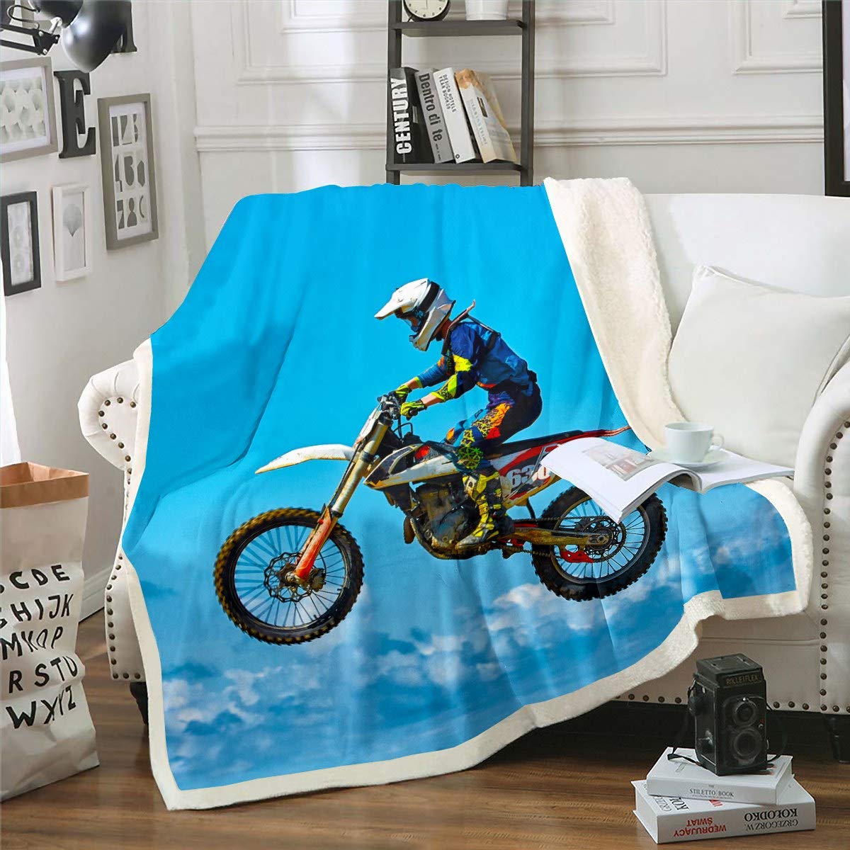 Loussiesd Multicolored 13252 Motocross Rider Blanket Extreme Sports Theme Fleece Blanket For Couch Travel Sofa Adult Motorcycle Design Sherpa Blanket Motocross Illustration Plush Throw Blanket Room Decor Baby 30"X40"
