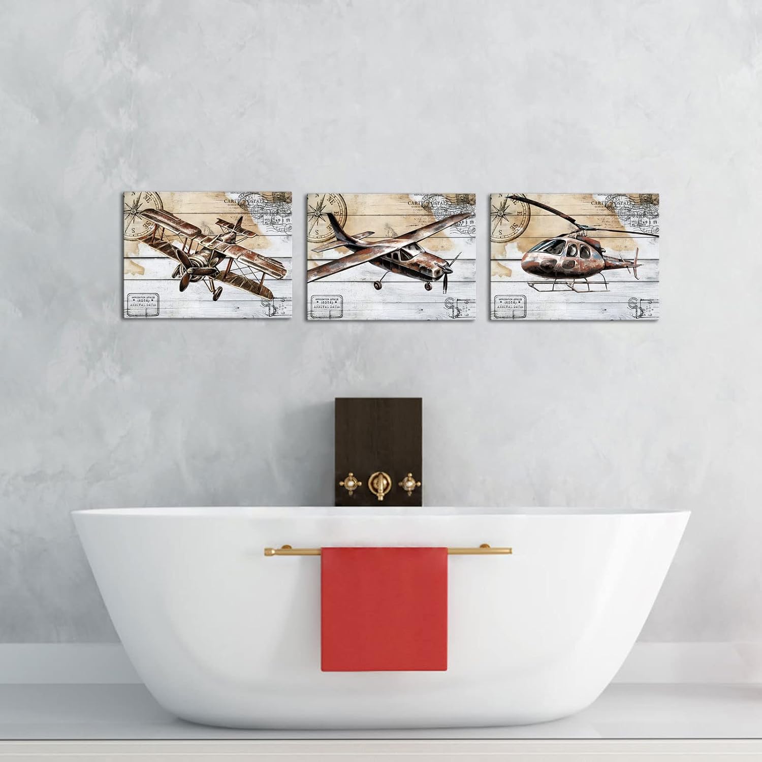 KLVOS Airplane Canvas Wall Art Retro Biplane Propeller Plane Helicopter Picture on Wood Texure Giclee Print Artwork Stretched and Framed Aircraft for Kids Boy Room Wall Decor 12x16inchx3pcs