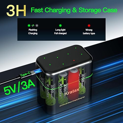Miniatura 3 de Kratax Baterías de litio recargables AA de 3700 mWh con cargador, paquete de 8 baterías de iones de litio dobles A de alta capacidad de 1.5 V, larga