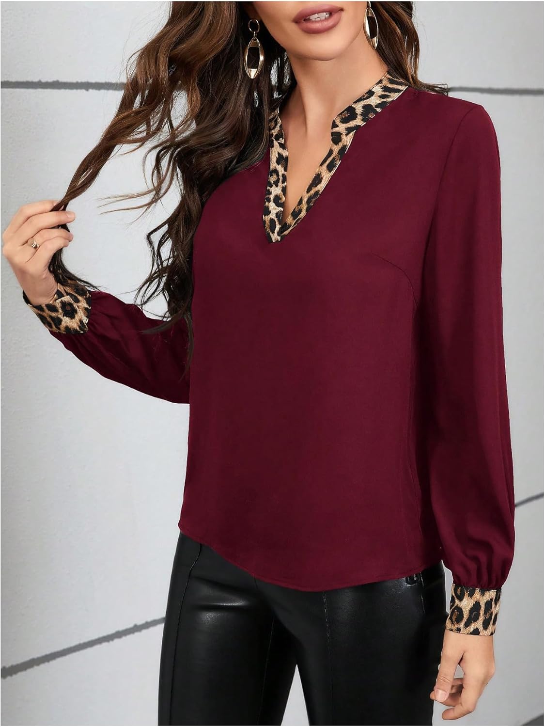 SweatyRocks Women's Leopard Print Blouse V Neck Lantern Long Sleeve Work Shirts - Image 3
