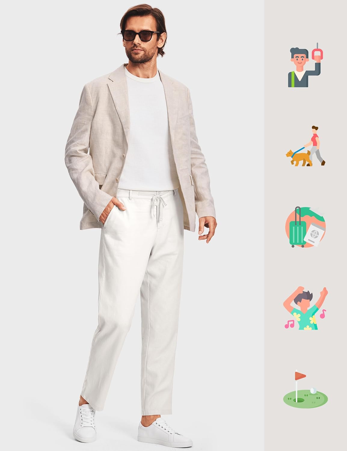 ISEEGZ 30" Men's Linen Pants Casual Dress Pants Drawstring Lightweight Business Trousers with 4 Pockets Beach Summer