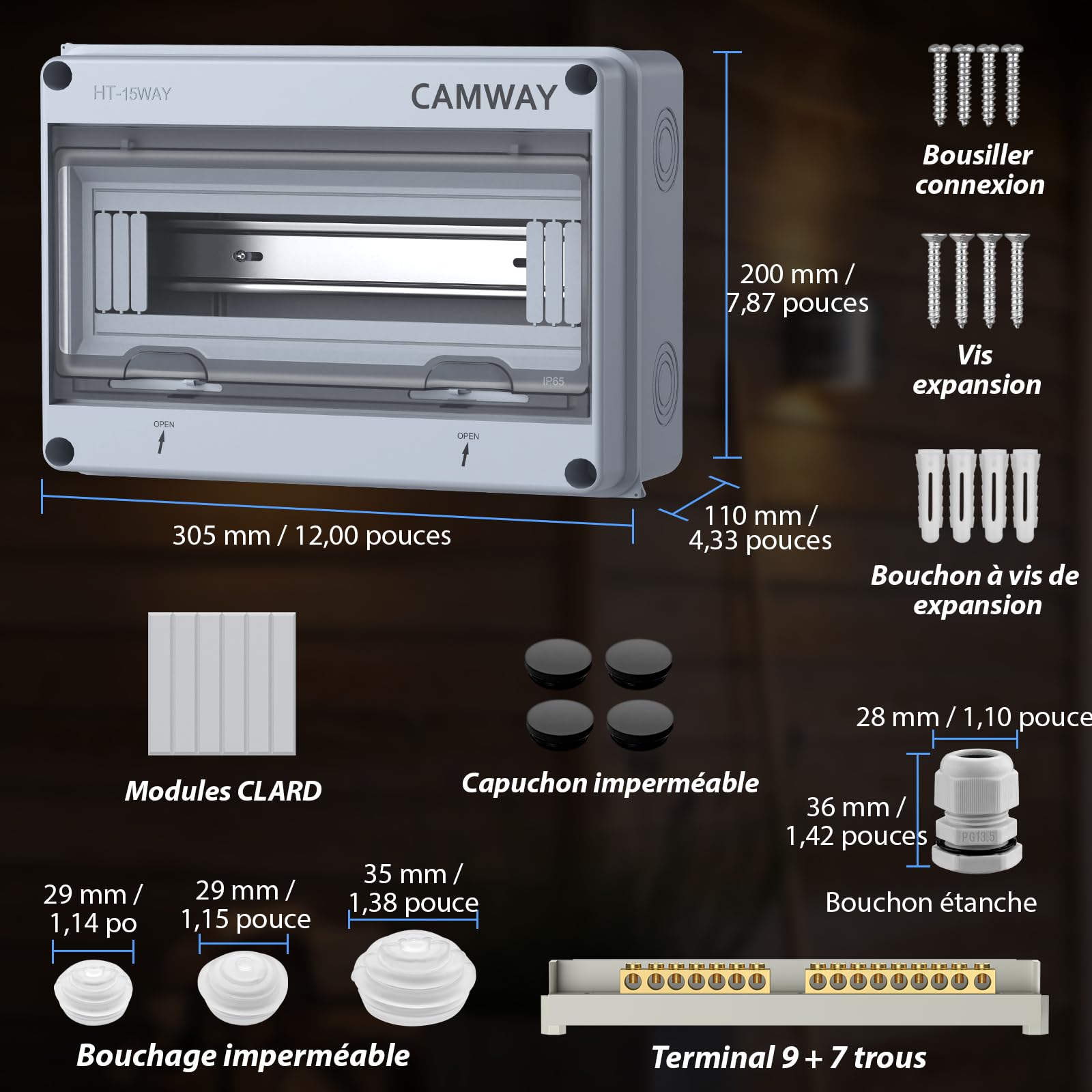CAMWAY Boîte de distribution exposée 15 voies IP65,1 rangée de 8 modules pour utilisation extérieure, Boîte à Fusibles Exposée en ABS avec Porte Transparente Installation facile