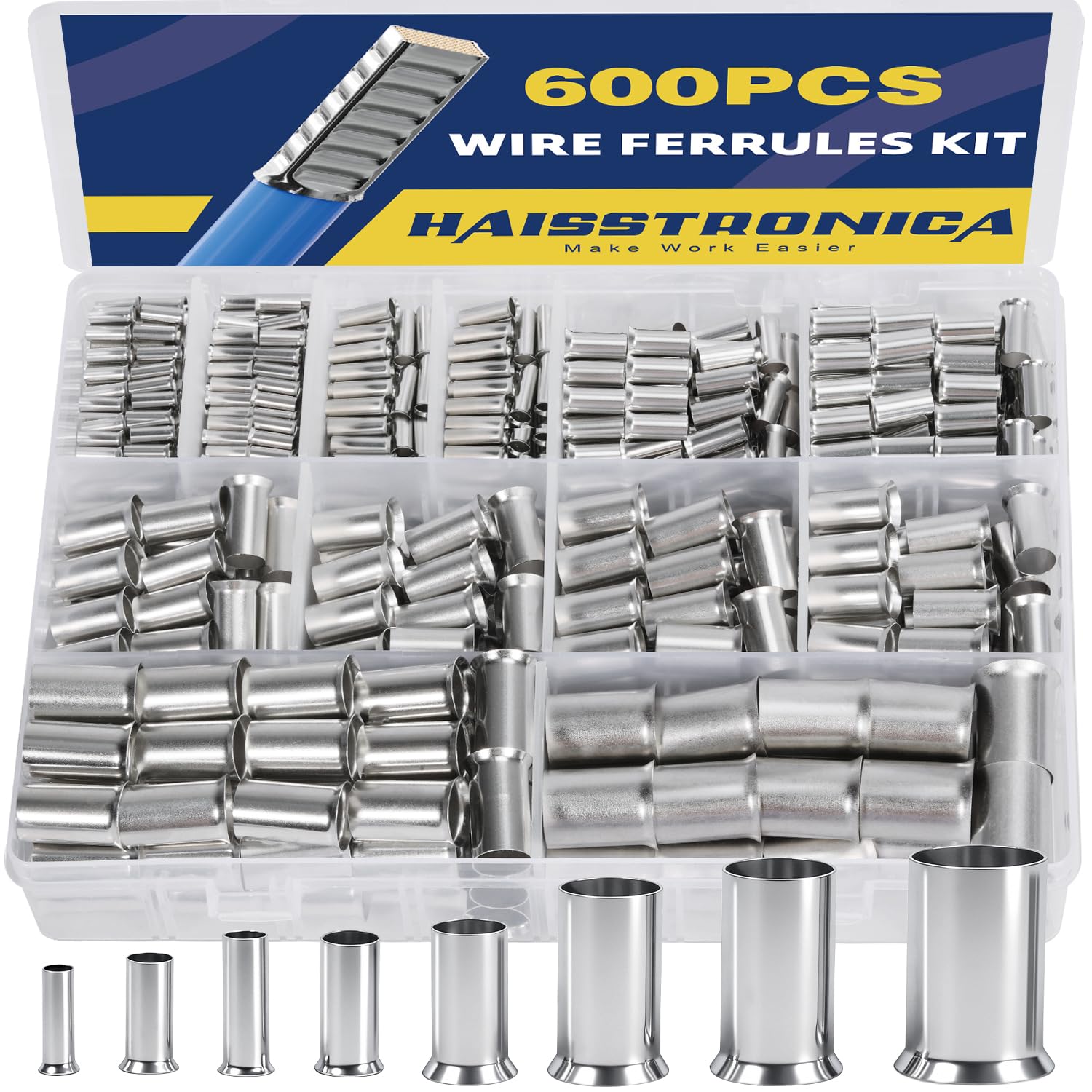 haisstronica Wire Ferrules Kit,600Pcs 8 Sizes AWG(2/0 1/0 2 4 6 8 10 12) Tinned Copper Non Insulated Crimp Connector Electrical Cable Pin Cord End Terminal Assortment Kit