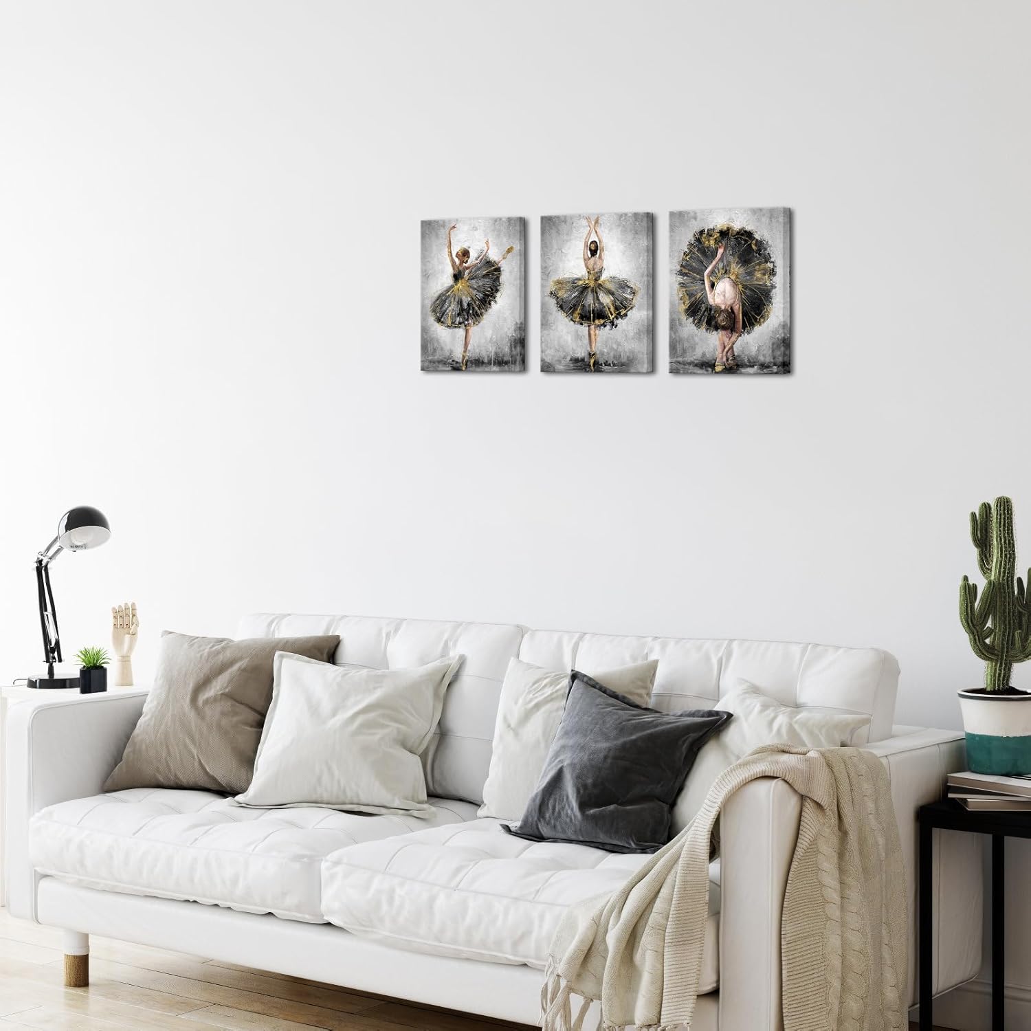 iHAPPYWALL 3 Pieces Ballerina Wall Art Elegant Ballet Girl Dancer Grey and Gold Contemporary Artwork for Bedroom Dance Room Living Room Ready to Hang 12x16inchx3pcs