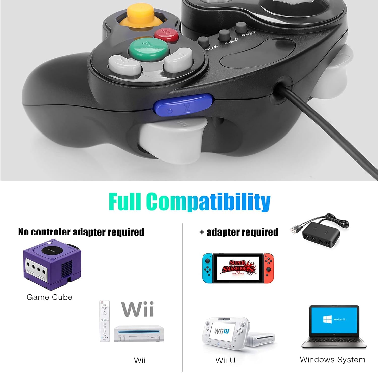 Wired Controller for GameCube Nintendo Switch, 2 Pack Wired Classic Game NGC Controllers for Wii Nintendo Super Smash Bros Ultimate with Turbo Function (Black)