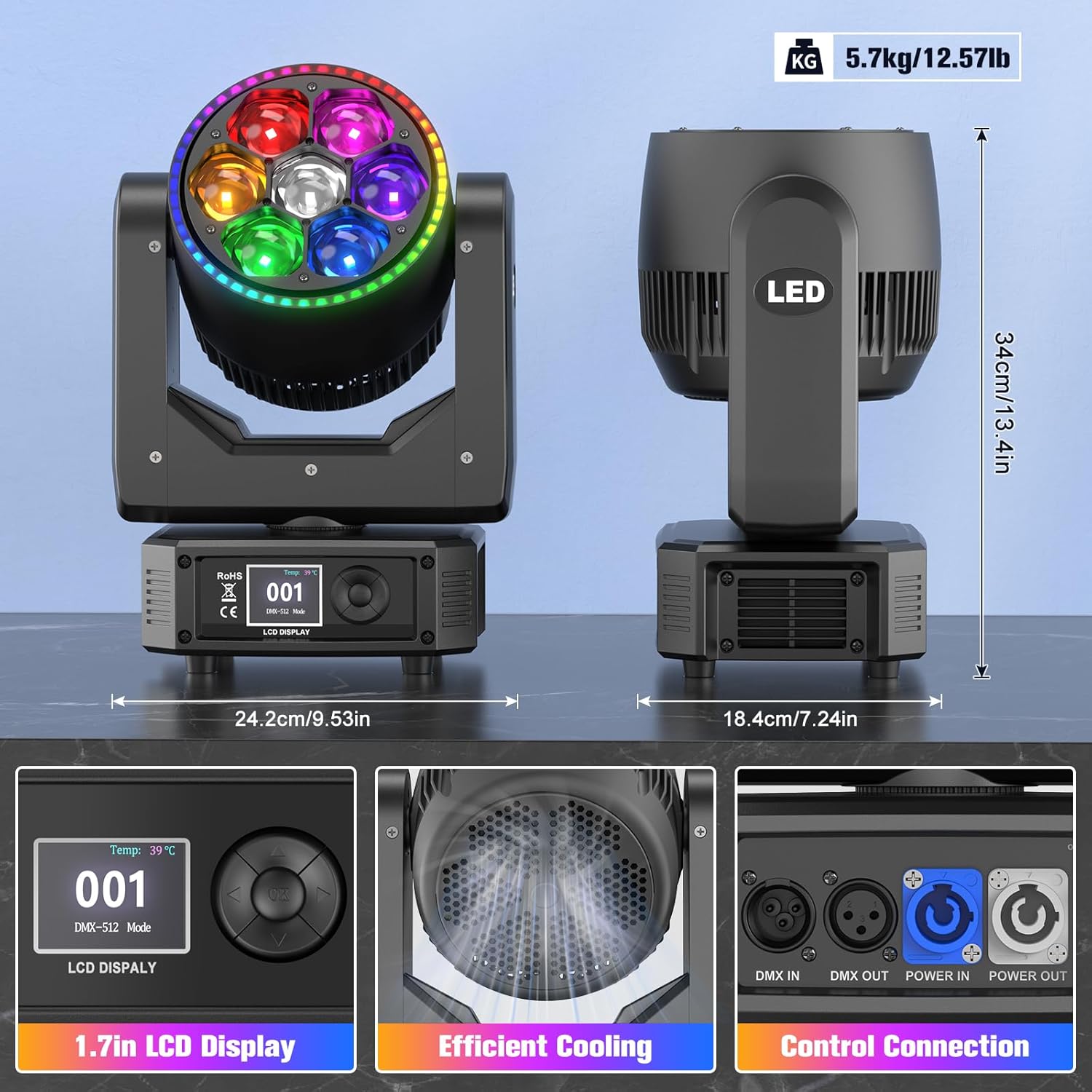 Diagram showing the LCD display, DMX in/out, power in/out, and cooling system of the moving head light