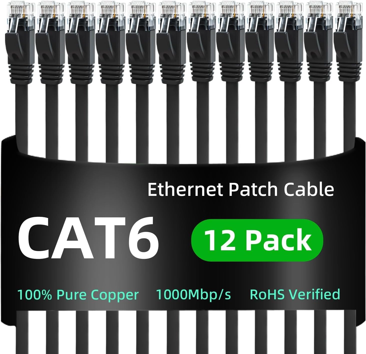 Yauhody CAT6 Ethernet Cable 1m 6-Pack Black, High Speed Solid Flat CAT 6 Gigabit Internet LAN Network Patch Cable, Bare Copper Snagless RJ45 Connector for Modem, Router, Computer (1m 6Pack, Black)