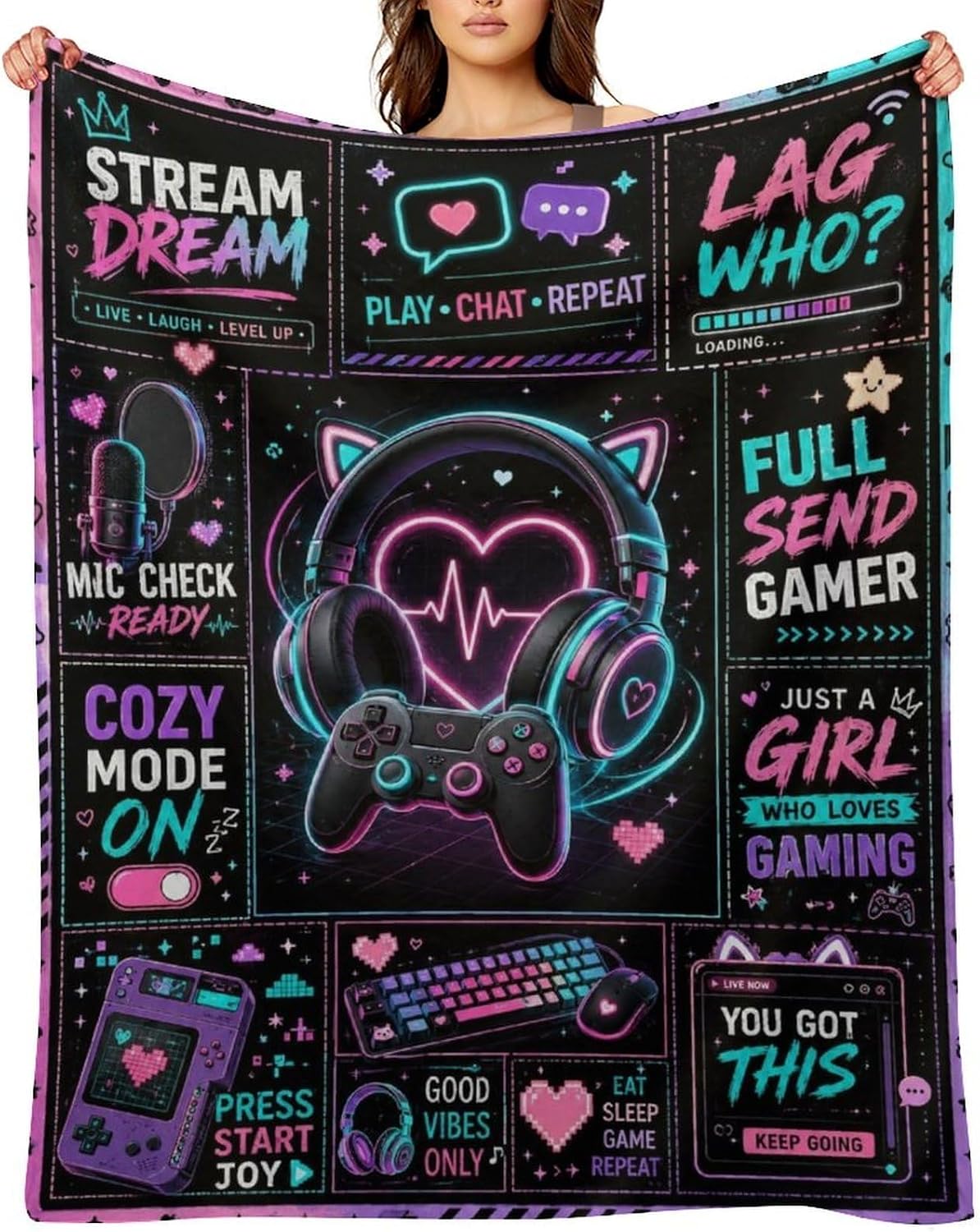 Neon Gaming Headset Controller Throw Blanket,Gifts for Girls
