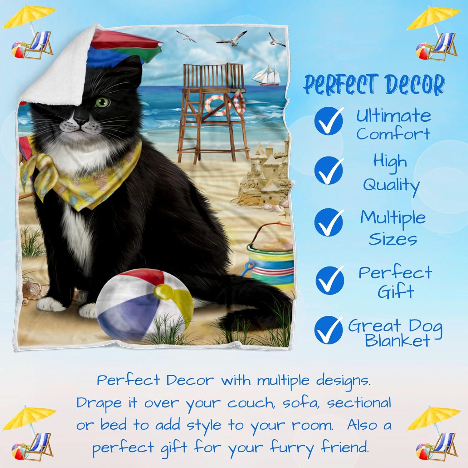 Pet Friendly Beach Tuxedo Cat Blanket - Lightweight Super Soft Cozy and Durable Bed Blanket - Animal Theme Fuzzy Blanket for Sofa Bed Couch BLNKT57106 (50x60 Woven)