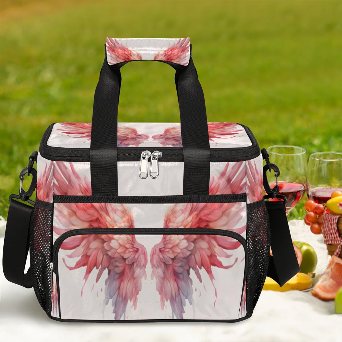 Red Insulated Picnic Backpack Lunch Box for Women Men Picnic Basket Tote Lunch Bag Picnic Bag Portable Lunch Bags for Picnic, Beach, Work, Trip,Office, Camp Beautiful Angel Wings