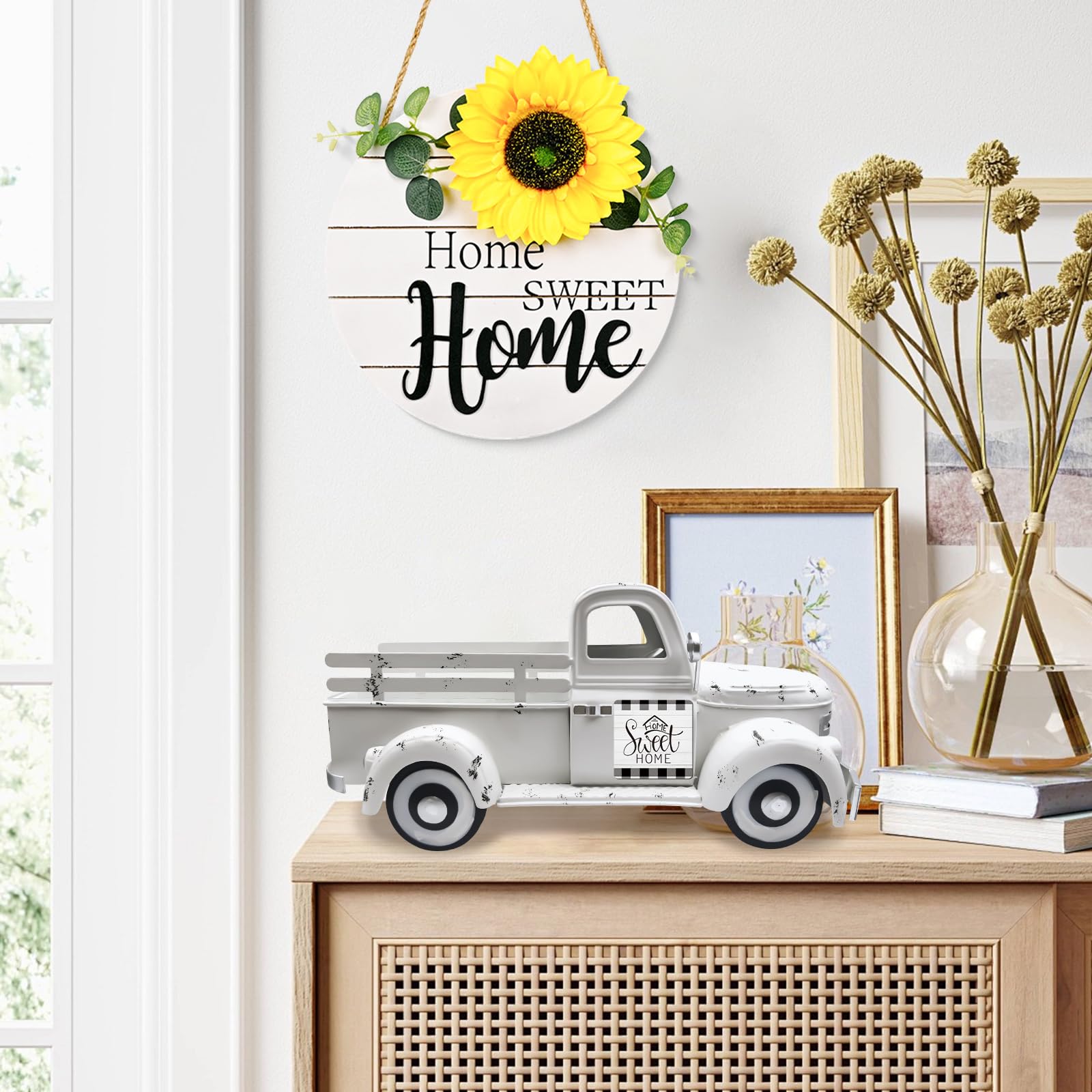 Macetero de 34cm para Coche, Camión de Metal Decorativo con 20 Imanes de Temporada para Casa, Decoración Centro de Mesa Versátil para Jardín, Balcón, Cocina, Adornos Salon, Escaparate o Terraza