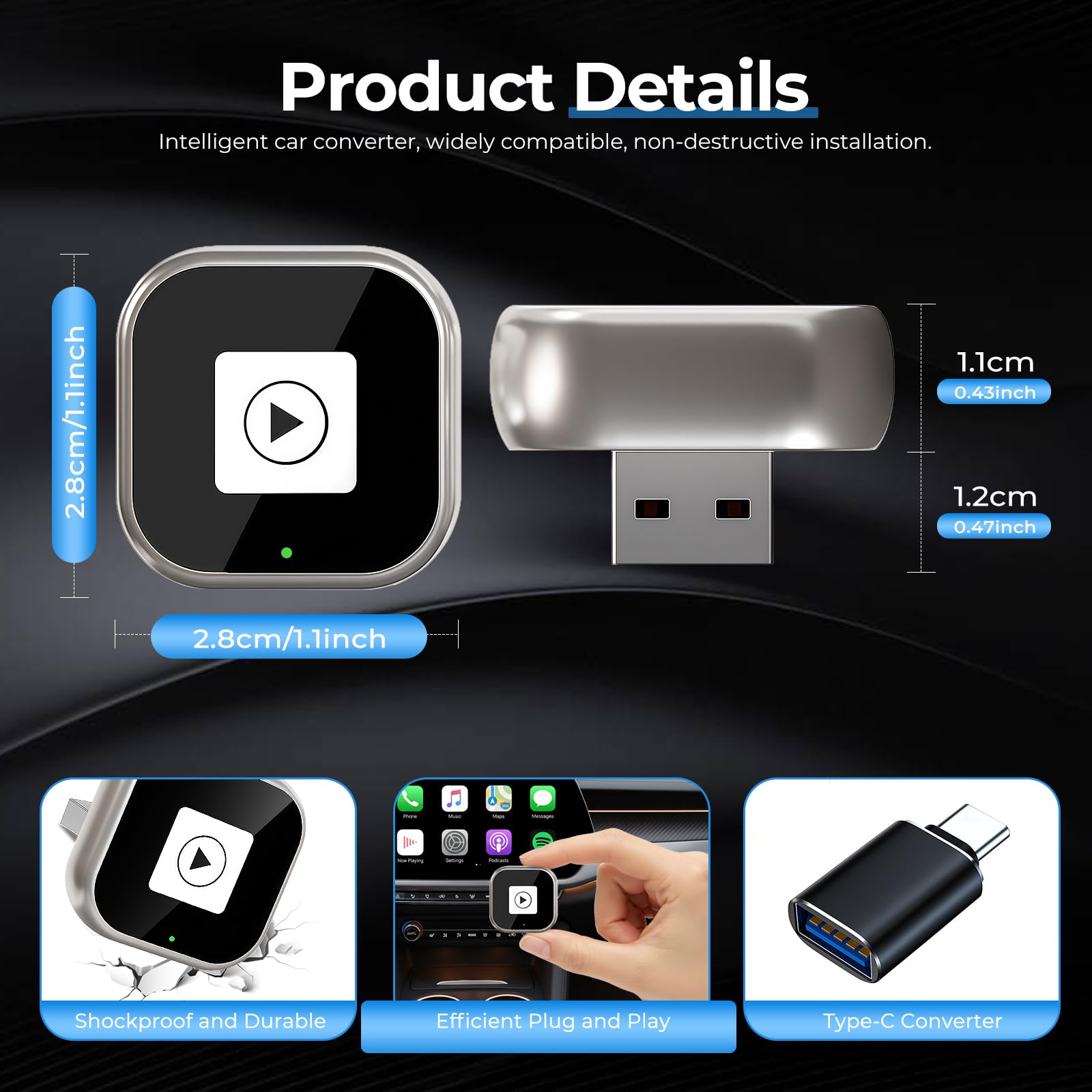 Adaptateur carplay sans Fil,Car Play sans Fil,Cle carplay sans Fil,Plug and Play,Wi-FI 5,8GHz,Convertir Filaire en sans Fil,Compatible avec Les Voitures à partir de 2016 et iOS 10+ Android11+
