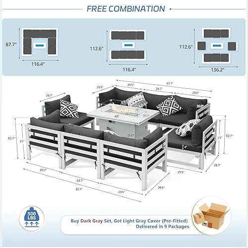 Miniatura 376 de NICESOUL 7 Piece White Powder-Coated Aluminum Patio Furniture with Fire Pit Table, 29 Inch Extra Wide Outdoor Sectional Sofa for 6, High-End Heavy