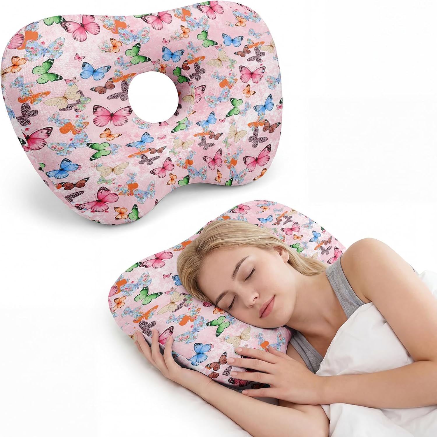 Sanwarm Ear Piercing Pillow for Side Sleepers, Ear Pillow with Hole Adjustable Design for Ear Pressure Comfort Cotton Cover Polyester Filling 17.3 x 12.6 in, Leopard Cheetah Beige