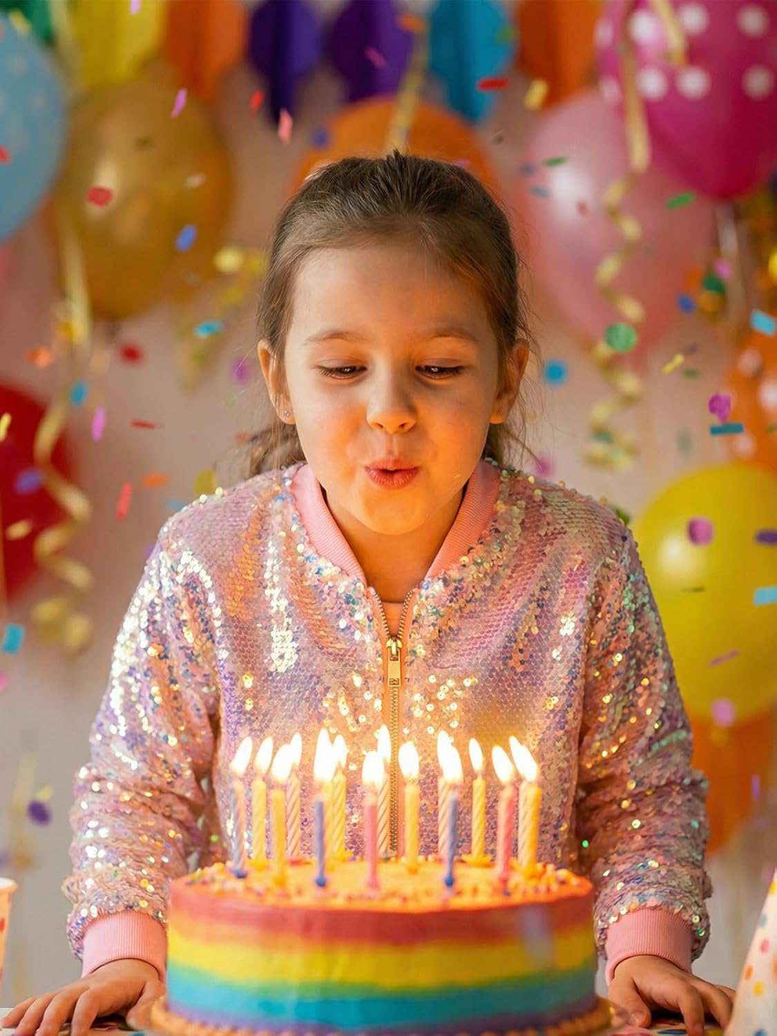 WELAKEN Girls' Ombre Sequin Bomber Jacket with Pockets Lightweight Sparkle Long Sleeve Zipper Gradient Jackets for Kid