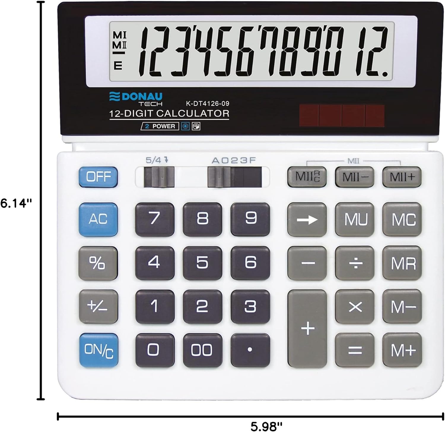 DONAU TECH/K-DT4126-09 Desktop Calculator 12-Digit Root Function 156 x 152 x 28 mm White with 12-Digit Display Dual Power Solar Battery Operated Compact Design