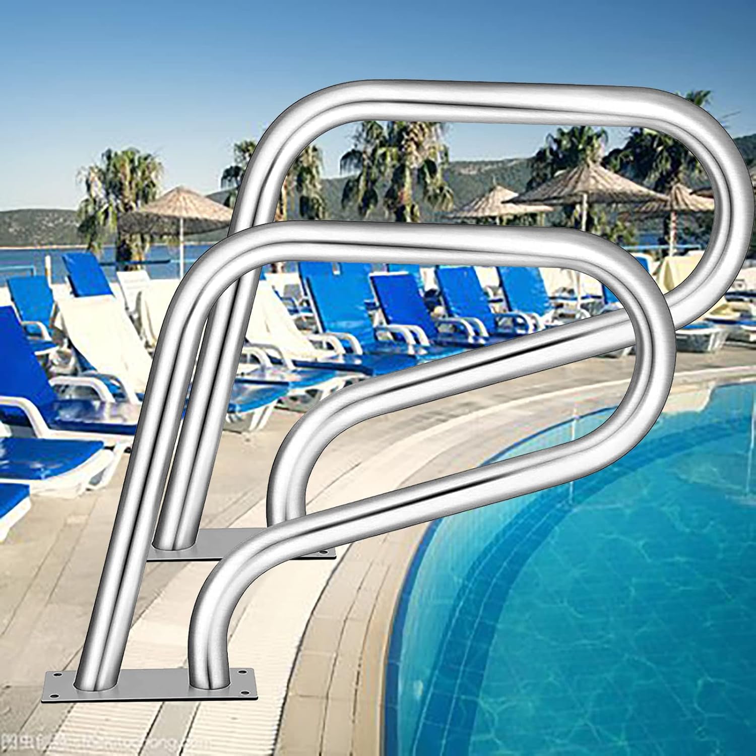 Pool Safety Handrails, 304 Stainless Steel Pool Railing with Blue Grip Cover Anti-Slip Pool Hand Rail for Inground Pool Entry(Silver,2PCS,81 * 58cm)
