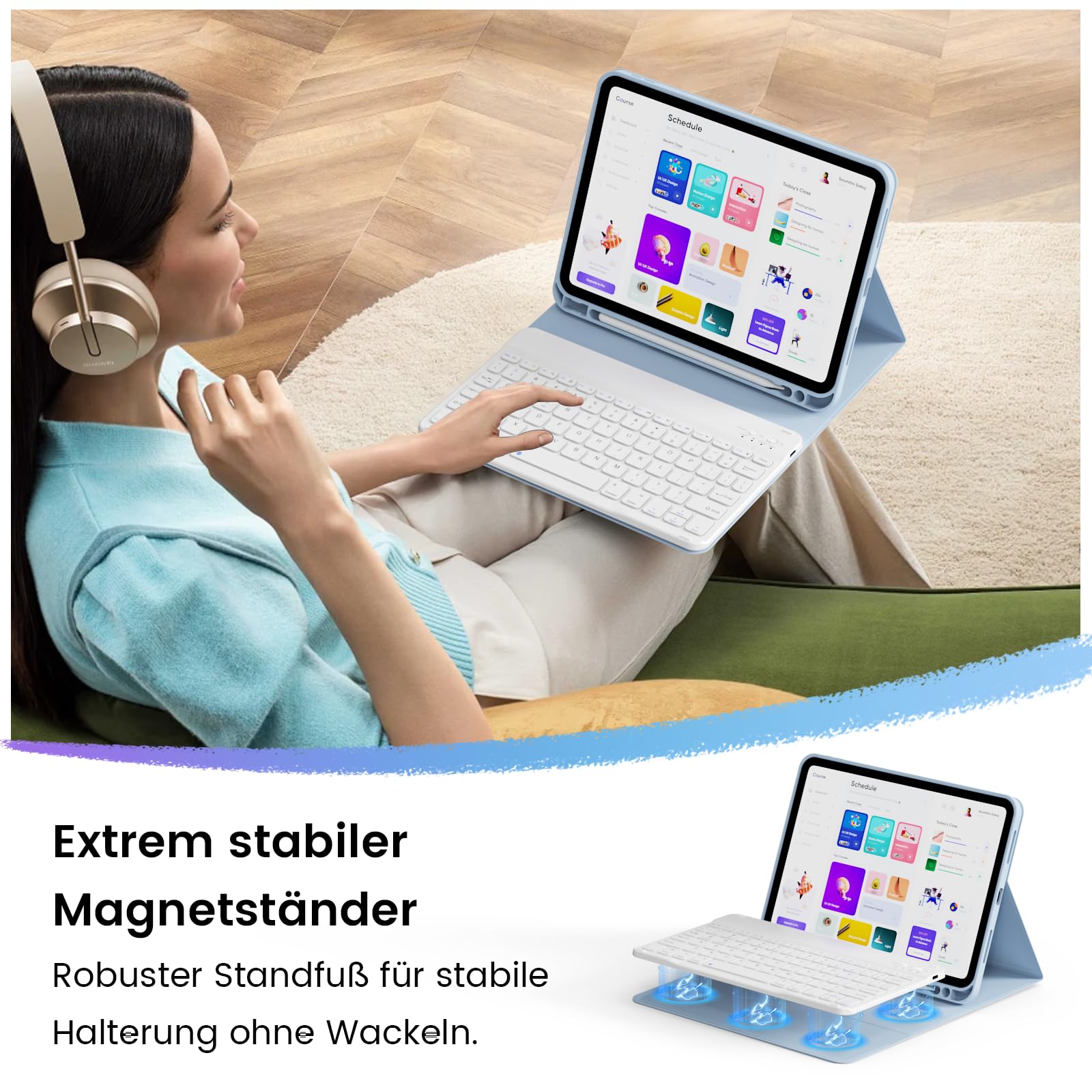 Custodia con Tastiera per iPad Air 11 Pollici 2025 2024 (M3/M2), iPad Air 5 4 2022/2020 10,9 Pollici, Cover Morbida TPU con Supporto per Penna, Tastiera Folio Magnetica Rimovibile, Blu Chiaro