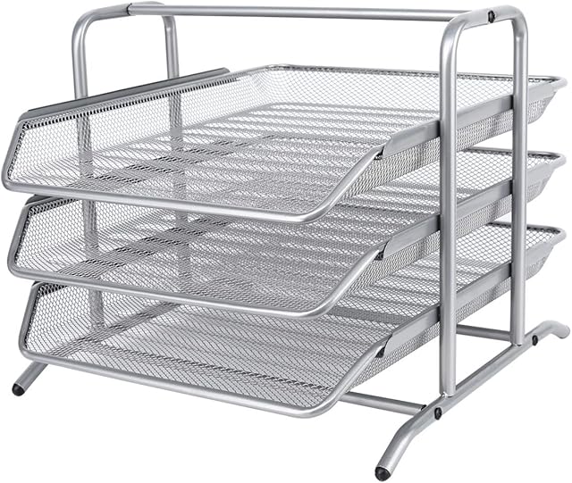 EasyPAG 3 Tier A4 Mesh in Tray Office Desk Tidy File Holder Document Storage Letter Paper Organiser,Silver