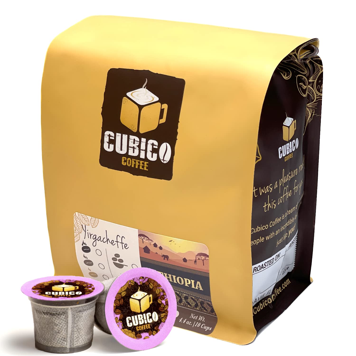 Ethiopian Yirgacheffe Coffee, Single Serve Coffee Pods, Premium Ethiopia Yirgacheffe Single Origin Fresh Roasted Coffee | K-Cup Compatible Brewers | Cubico Coffee | 10 Count