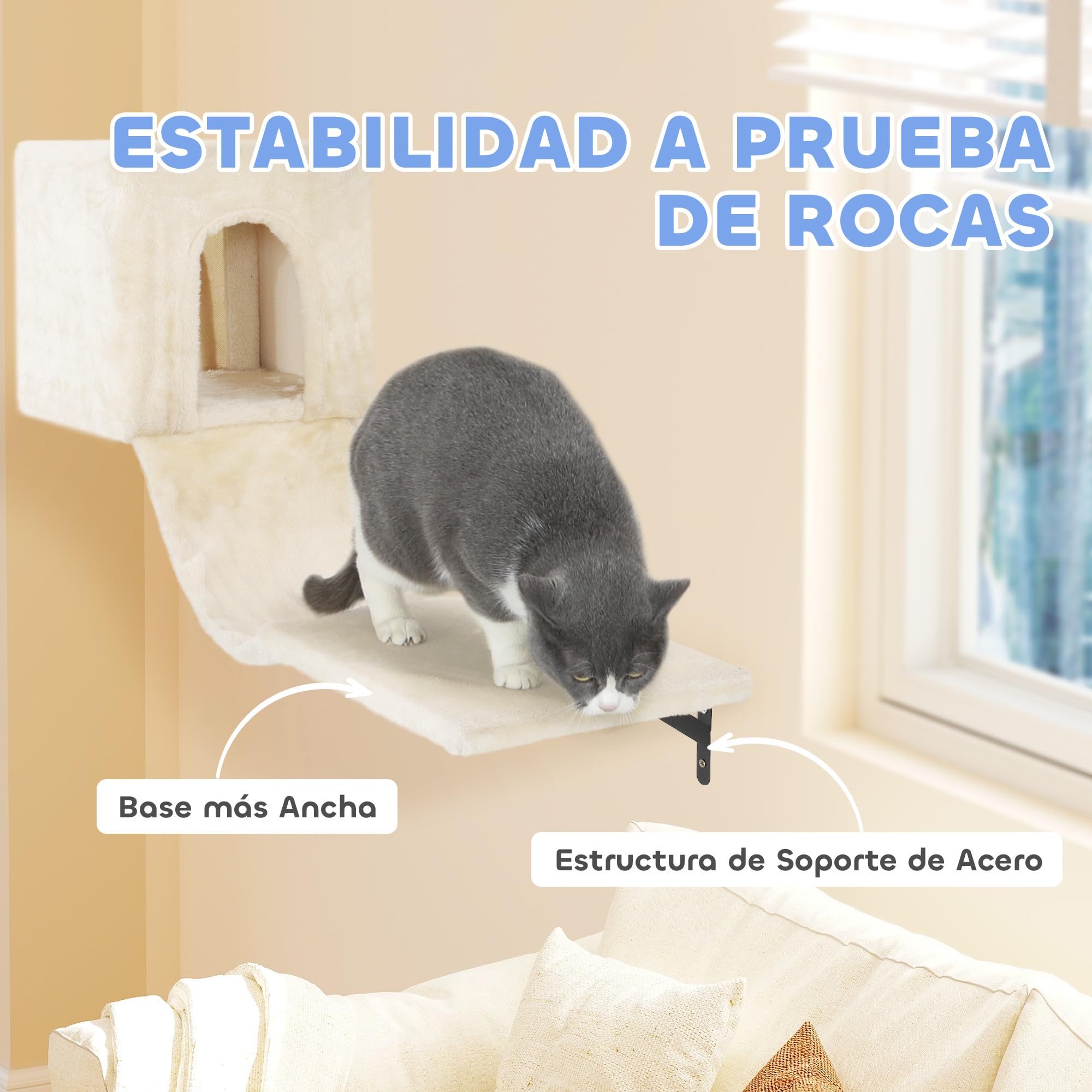 PawHut Juego de Pared de Escalada para Gatos Condominio 6 Piezas Beige | Estanterías para Gatos, Plataforma, Hamaca, Escaleras, Percha, Tabla Rascador, Poste de Sisal, Bola de Juguete