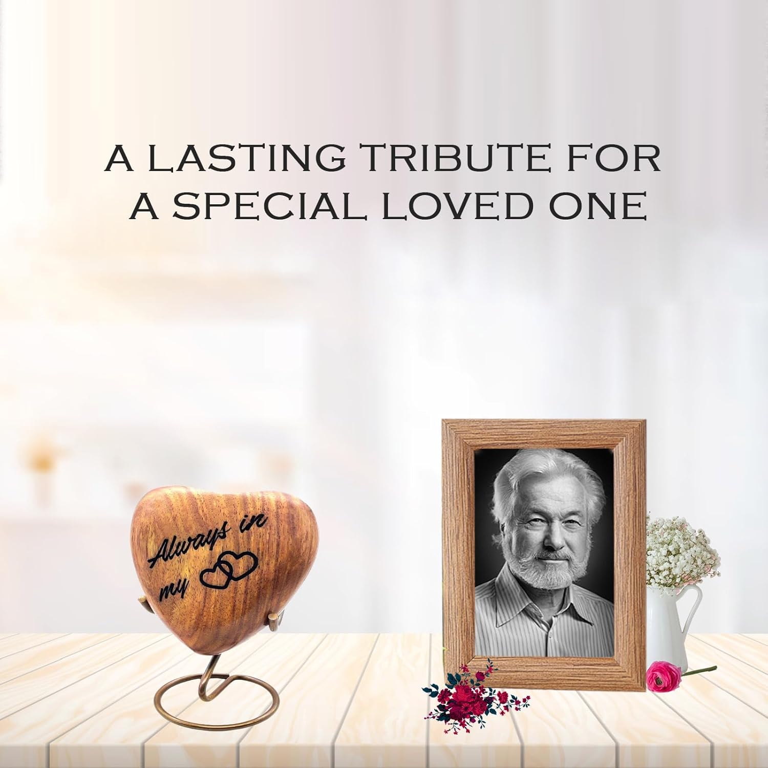 5MOONSUN5 Wooden Handcrafted Heart Urn Keepsake Cremation Urn for Human Pet Ashes with Brass Stand 3 Inch with Engraving Always in My Heart Rosewood