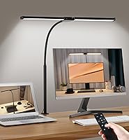 Motumen LED Clip-On Desk Lamp: Eye-Care Dual Head with Remote, Flexible Goose Neck, 25 Modes for Home Office & Study - Black
