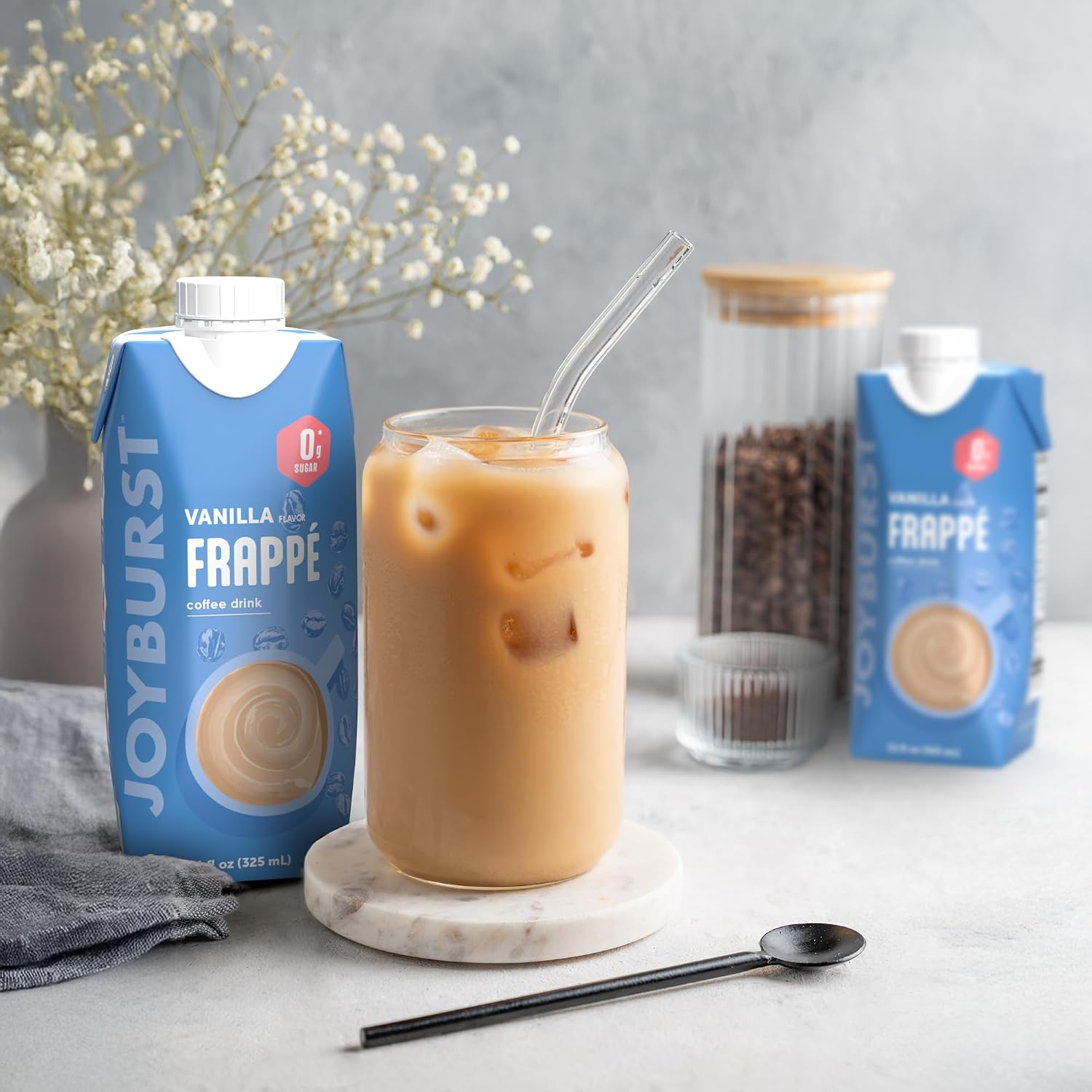 Joyburst Coffee Frappe, Vanilla Flavor, Ready-to-Drink Iced Coffee Beverage, 0g Sugar, 3g Carbs, 50 Calories, 9g Protein, Non-GMO, 12 Pack (325 mL Bottles)