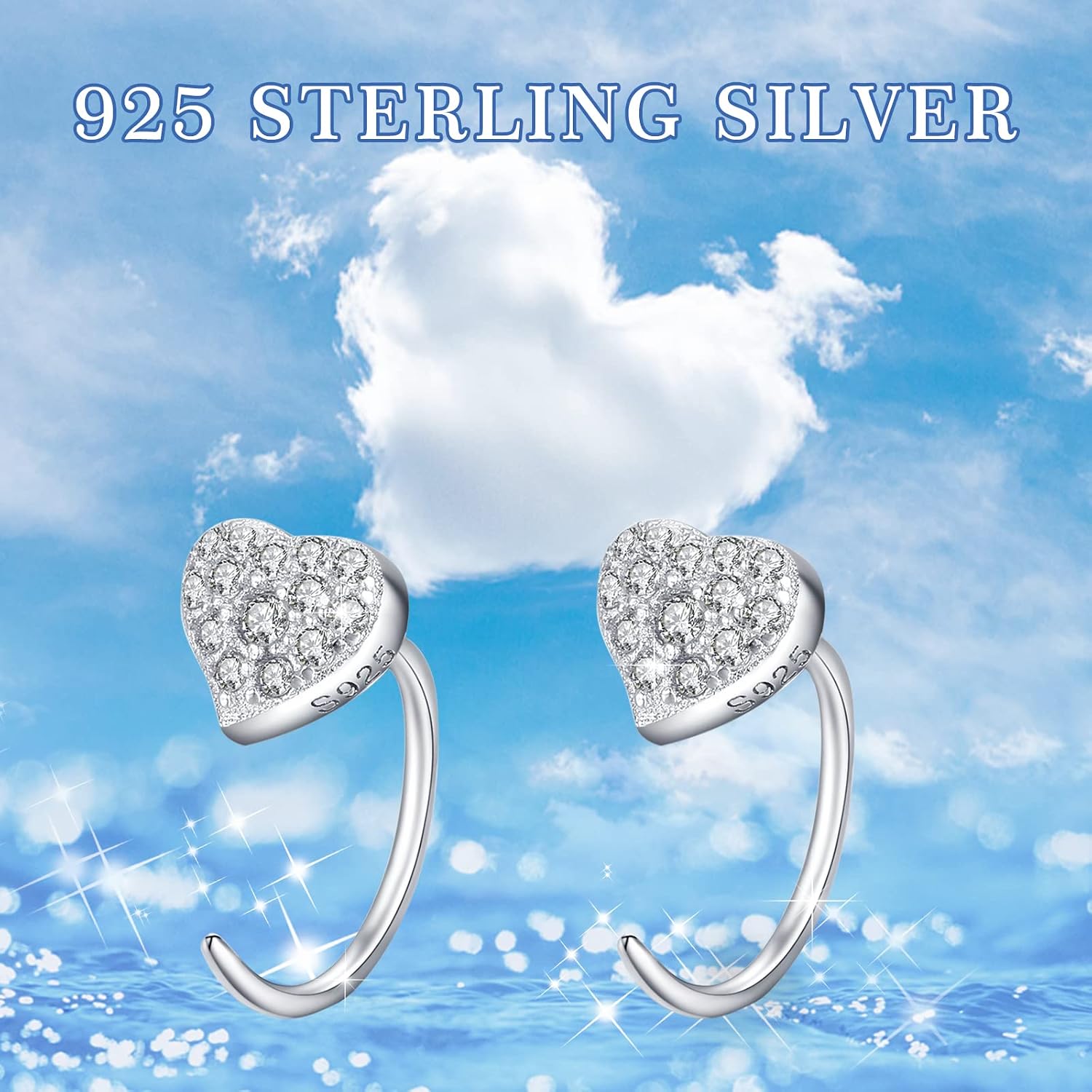 Heart Half Earrings Sterling Silver Heart with Cubic Zirconia Hoop Earrings Small Huggie Earrings Ear Cuffs Half Jewelry Gifts for Women 10mm Mother's Day