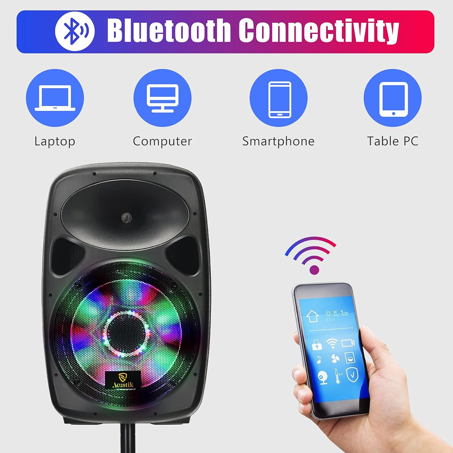 AKUSTIK Portable PA Speaker System with LED Light, 2-Way Full Range Powered Speaker with Wheels, Speaker Stand/Microphone/Bluetooth/EQ/USB/SD/FM, DJ Loudspeaker with Remote Control (12'' 1200W)