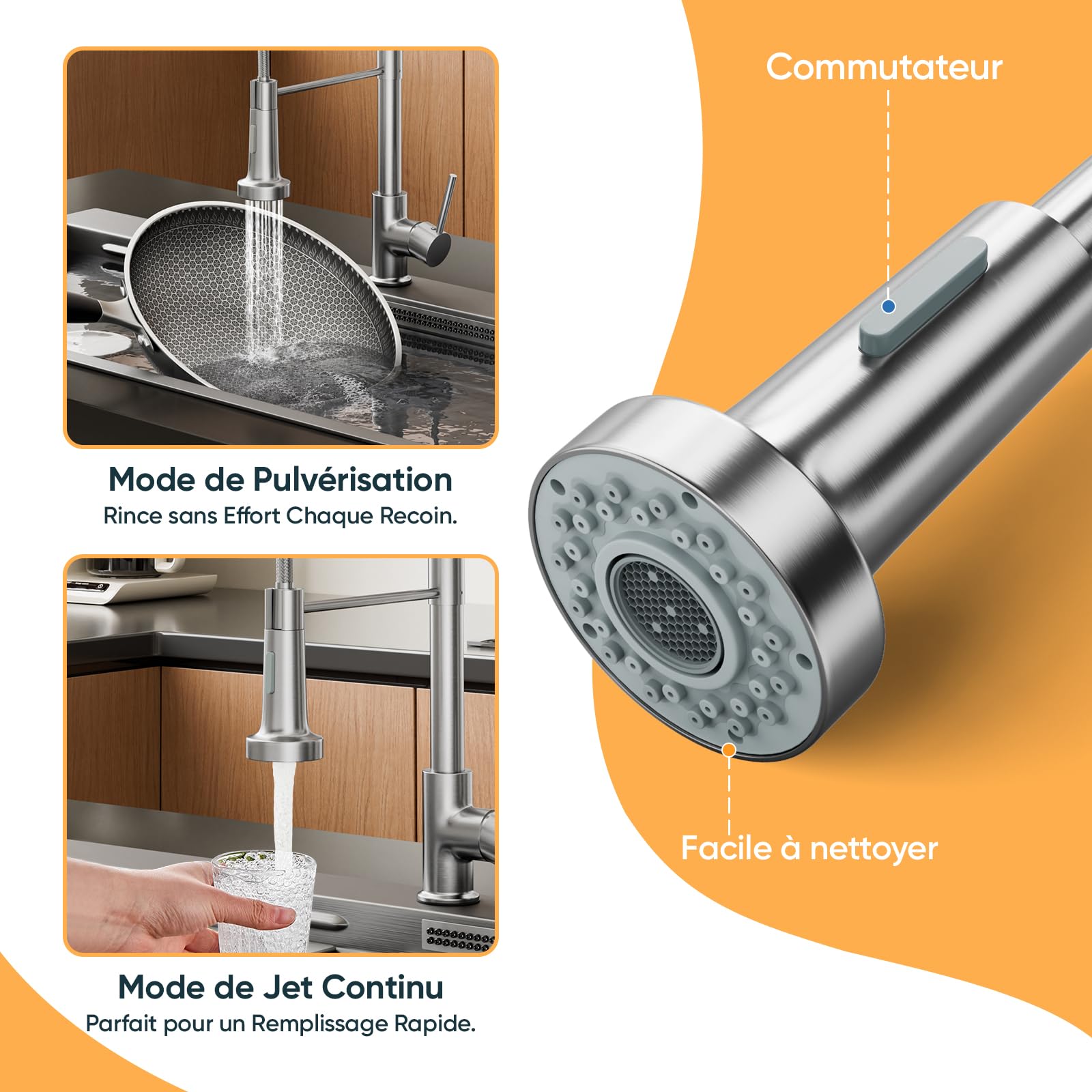 BESy Robinet de Cuisine avec Douchette Extractible, Pulvérisateur Escamotable à 2 Modes de Pulvérisation, Mitigeur Évier Monocommande 360° Pivotant à Arc Élevé, Nickel Brossé