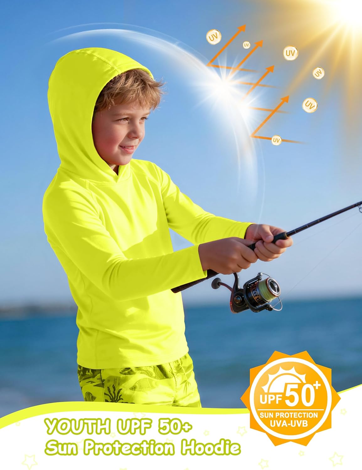 Boys Hooded Long Sleeve Rash Guard Swim Shirt, Youth Kids UPF 50+ Fishing Shirt, Sun Protection Hiking Beach Hoodie - Image 4