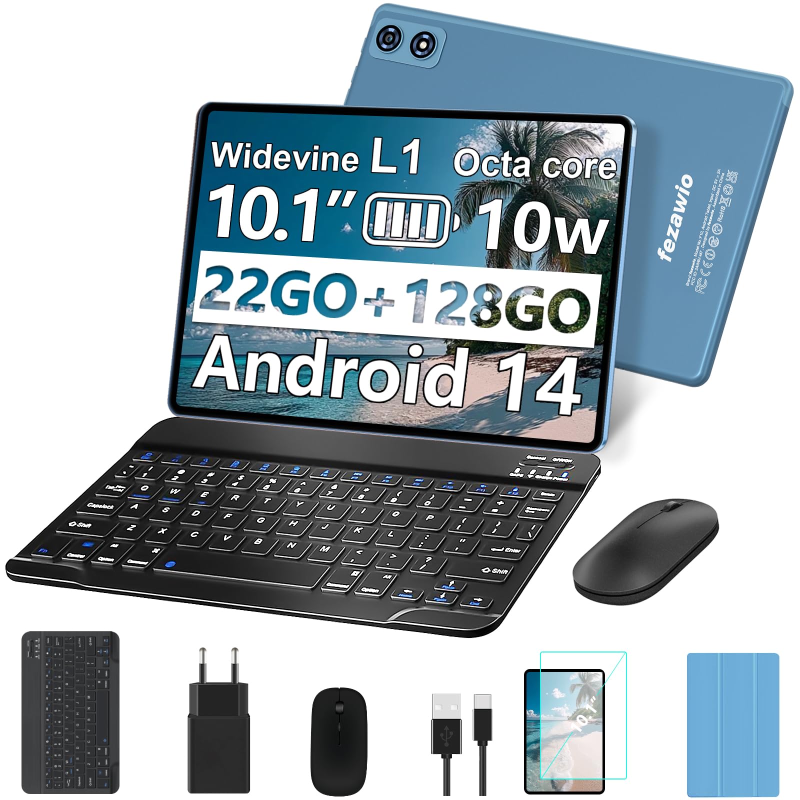 fezawio Tablette Tactile 10 Pouces Android 14, 22Go RAM+128Go ROM(Extensible 1To)|5MP+8MP|5G Wi-FI|Certifié Widevine L1|Processeur Octa-Core|8000mAh|Clavier+Souris+Coque de Protection Inclus (Bleu)