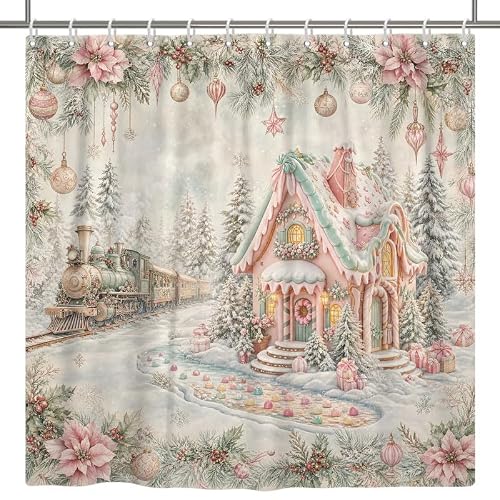 Leowefowa Extra Long Shower Curtain 72x84 Inch Christmas Gingerbread House Shower Curtain, Pink Vintage Winter Train Pine Tree Xmas Waterproof Fabric Bathroom Curtain with 14 Hooks