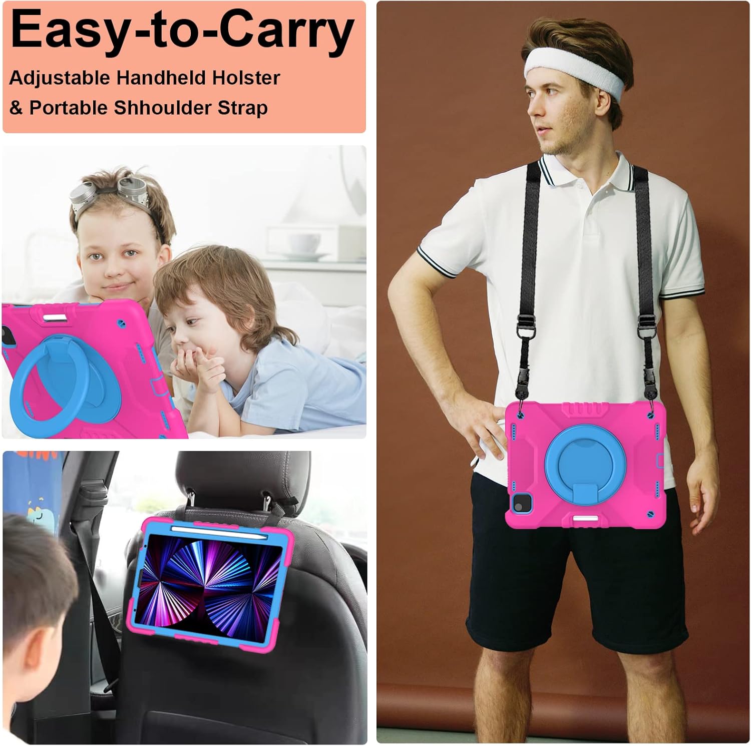 Andnary Case for iPad Pro 11 Inch 4th 2022/3rd 2021/2nd 2020/1st Gen 2018, iPad Air 10.9 Inch 2022/2020 5th/4th Generation Case with Pencil Holder/360° Rotating Handle Stand, Pink+Blue