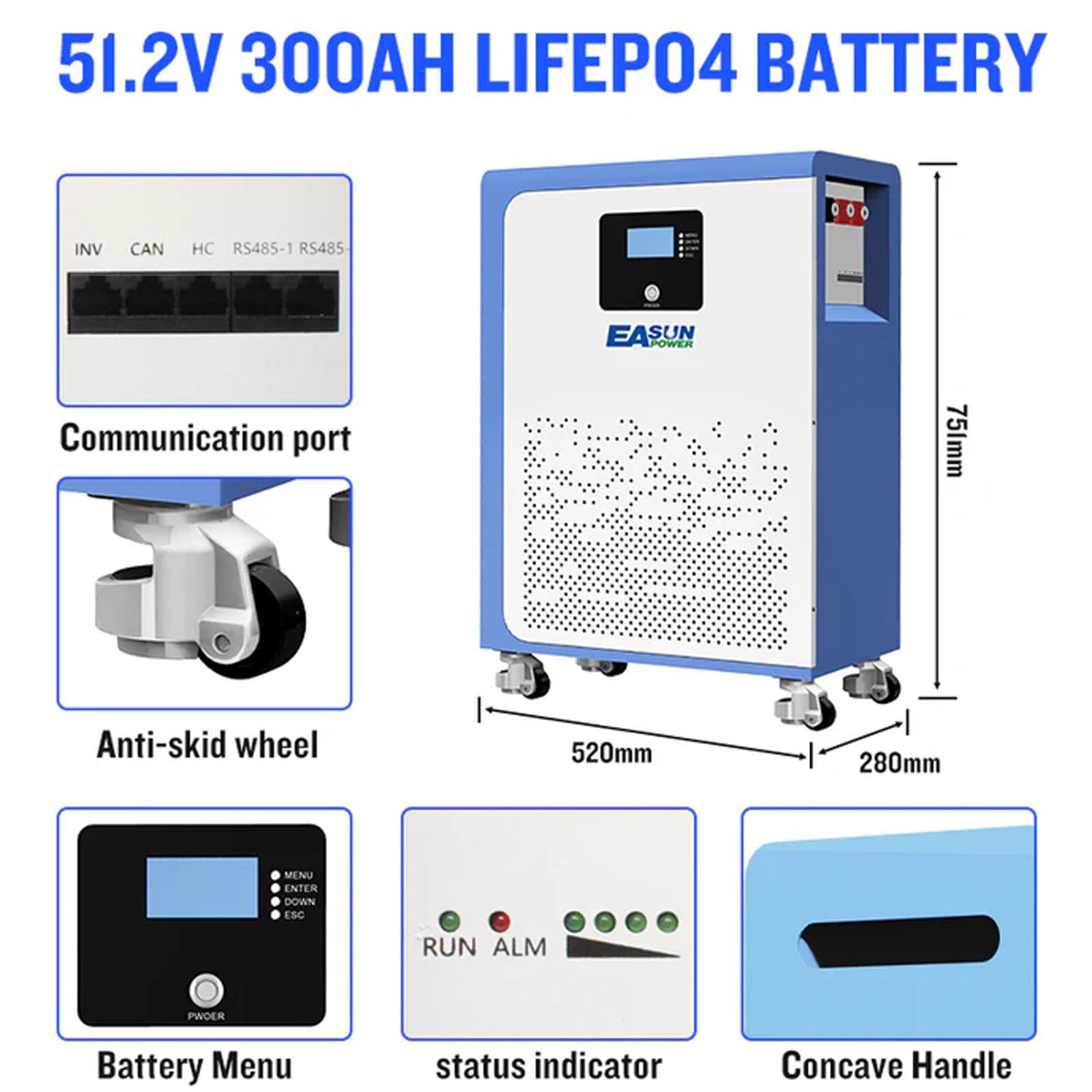 POWLAND 15kWh Batteria al Litio 48V per Fotovoltaico | 300Ah 51.2V LiFePO4 6000+ Cicli | Batteria da Pavimento con BMS di Sicurezza