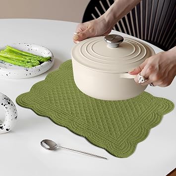 6 PC Quilted Placemats, 18X13Extra Large Cotton Placemats Set of 6, 100% Cotton Fabric Washable Cloth Table Mats for Kitchen & Dining Table - Soft &Easy Clean(Olive Green, Rectangular)