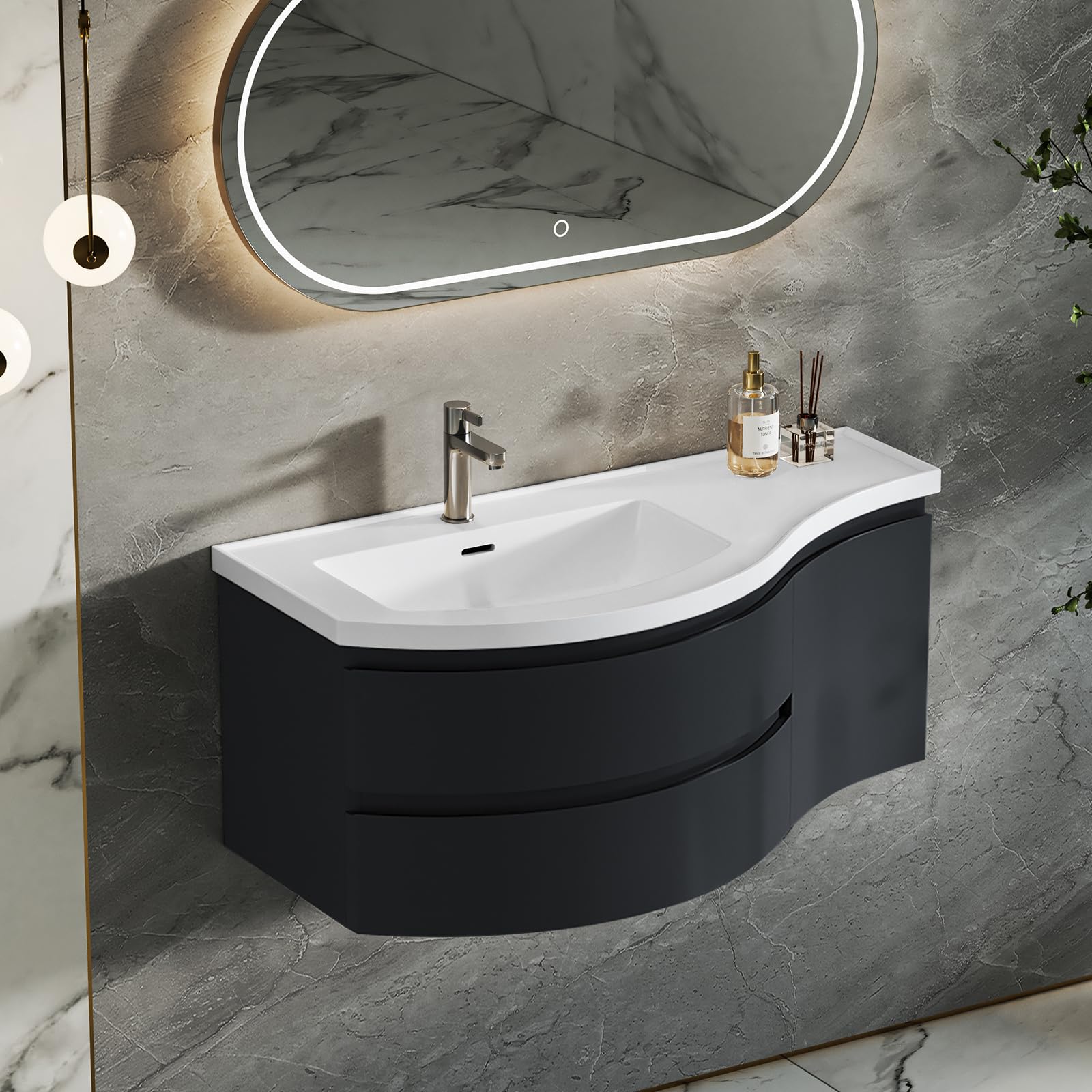Floating Bathroom Vanity with Sink, 35.4" Modern Curved Bathroom Vanity, Wall Mounted Half-Circle Bathroom Cabinet, White & Black, Left-Hand Sink