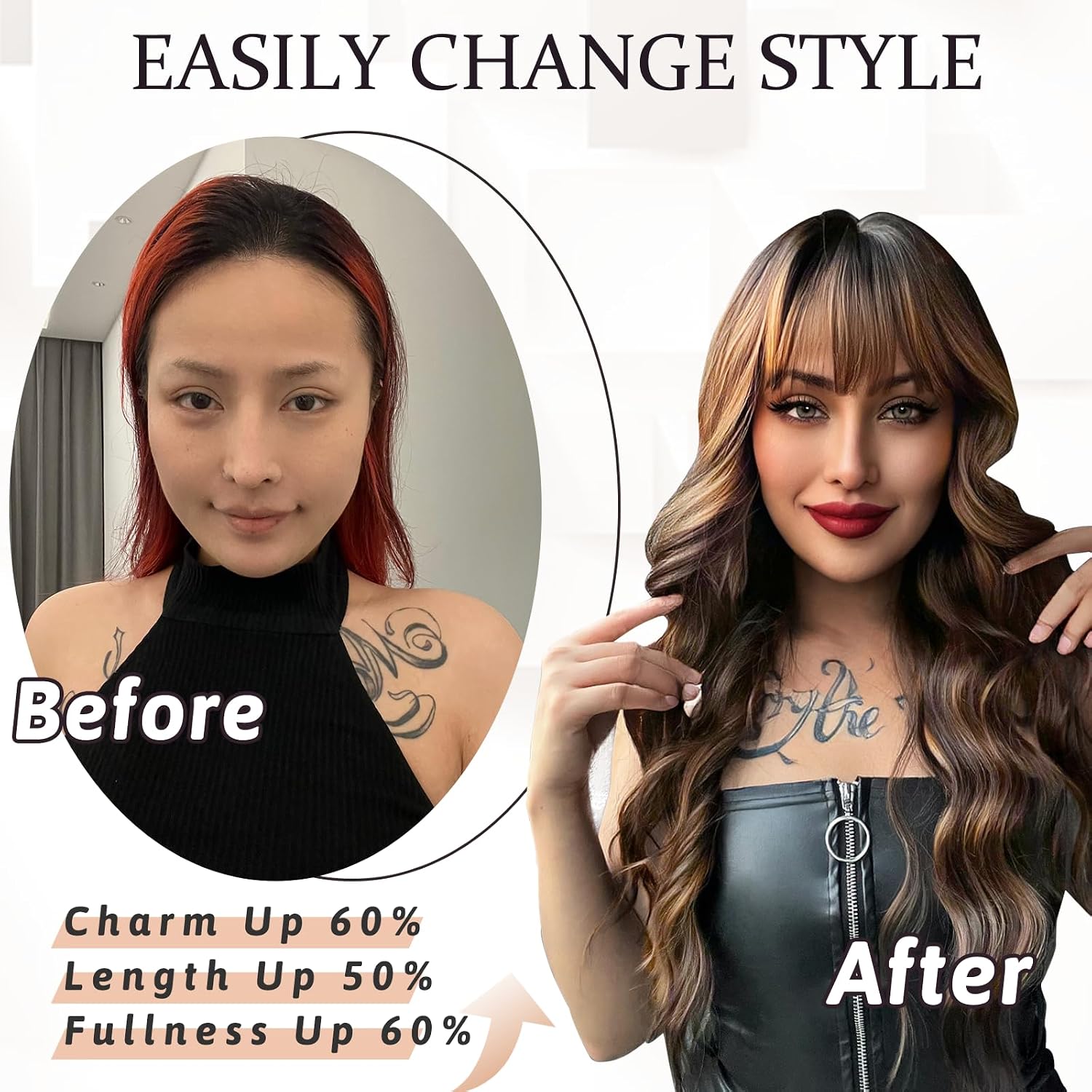 NAYOO Brown Wigs with Bangs for Women Long Curly Wavy Hair Wigs Heat Resistant Synthetic Fiber Wigs for Daily Party Use 24 Inches (Dark Brown Mixed Chestnut)