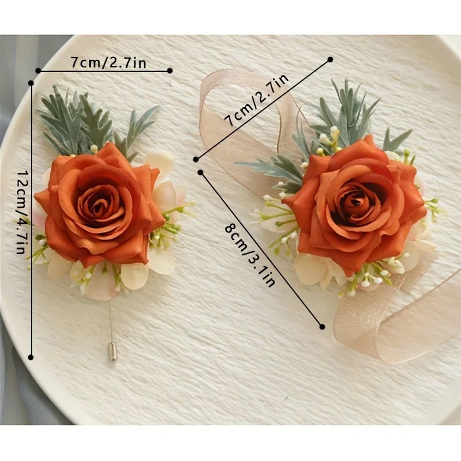 Ansteckblume 6 Stück tieforange Rose Hochzeit Handgelenk Corsage und Boutonniere Zubehör for Braut Brautjungfer Männer Bräutigam(6PCS Set)