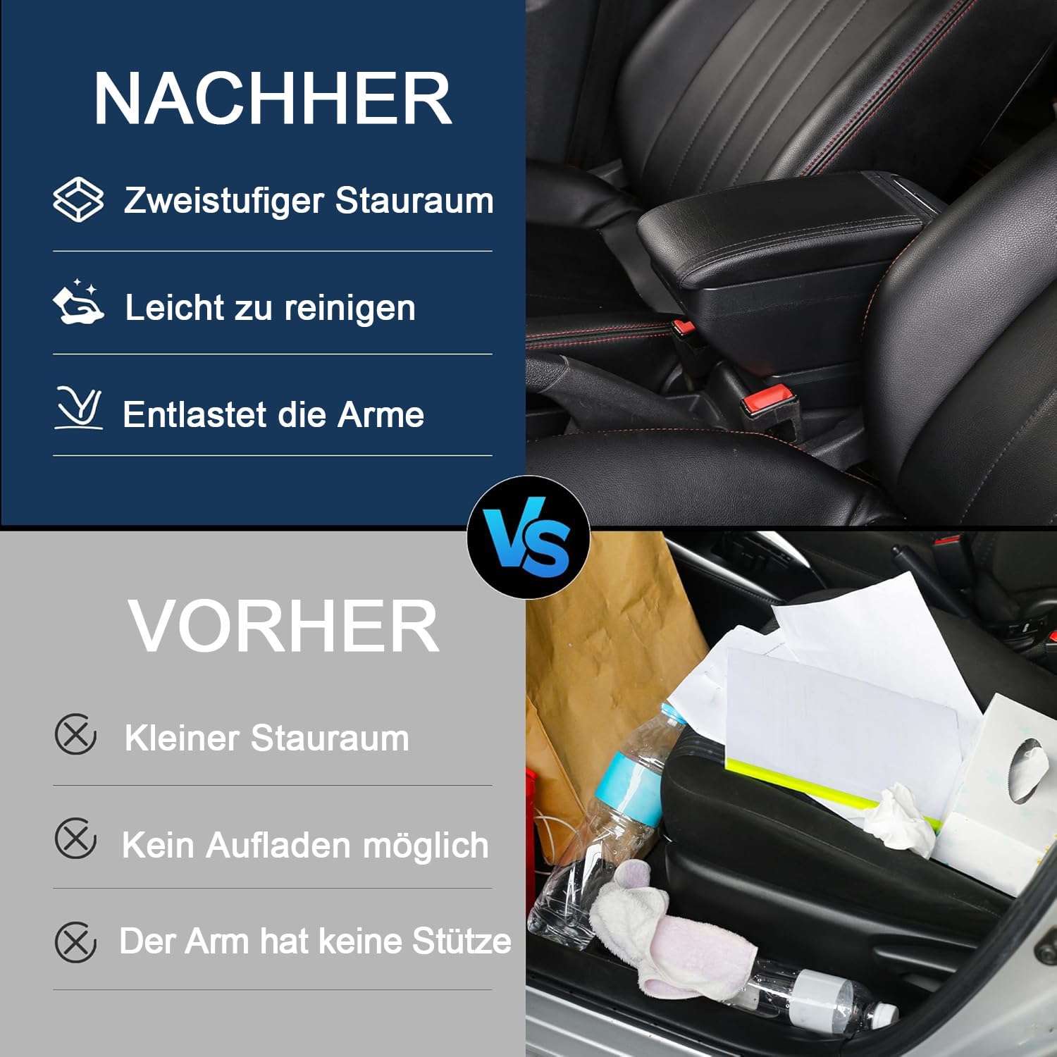 Auto Armlehne für Suzuki Ignis 2016-2024 Doppelschicht Mittelkonsole Große Aufbewahrungsbox mit 4 USB-Ladeanschluss Becherhalter Zubehör Schwarz