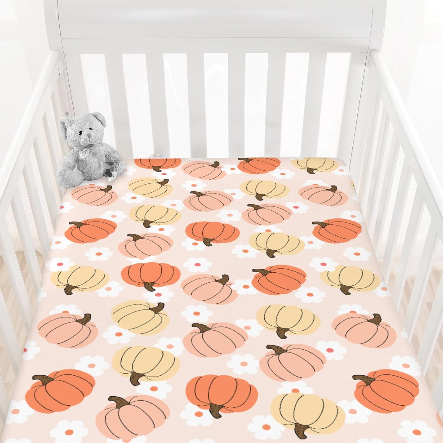 Autumn Pumpkin Boho Floral Baby Crib Sheets Fall Pumpkin Flowers Fitted Crib Mattress Cover Autumn Thanksgiving Harvest Toddler Baby Sheet for Standard Crib 28x52in