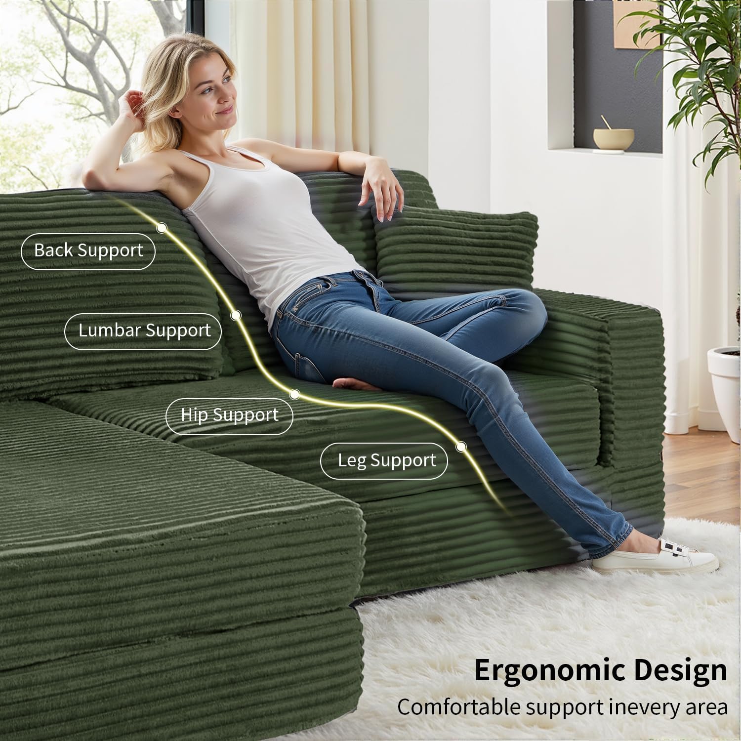 112.6” Modular Sectional Sofa, Convertible Sleeper Sofa Bed with L-Shaped Chaise, Cloud Couch with Deep Seat, Upholstered Couches for Living Room, Corduroy (Green, Left Facing Chaise)