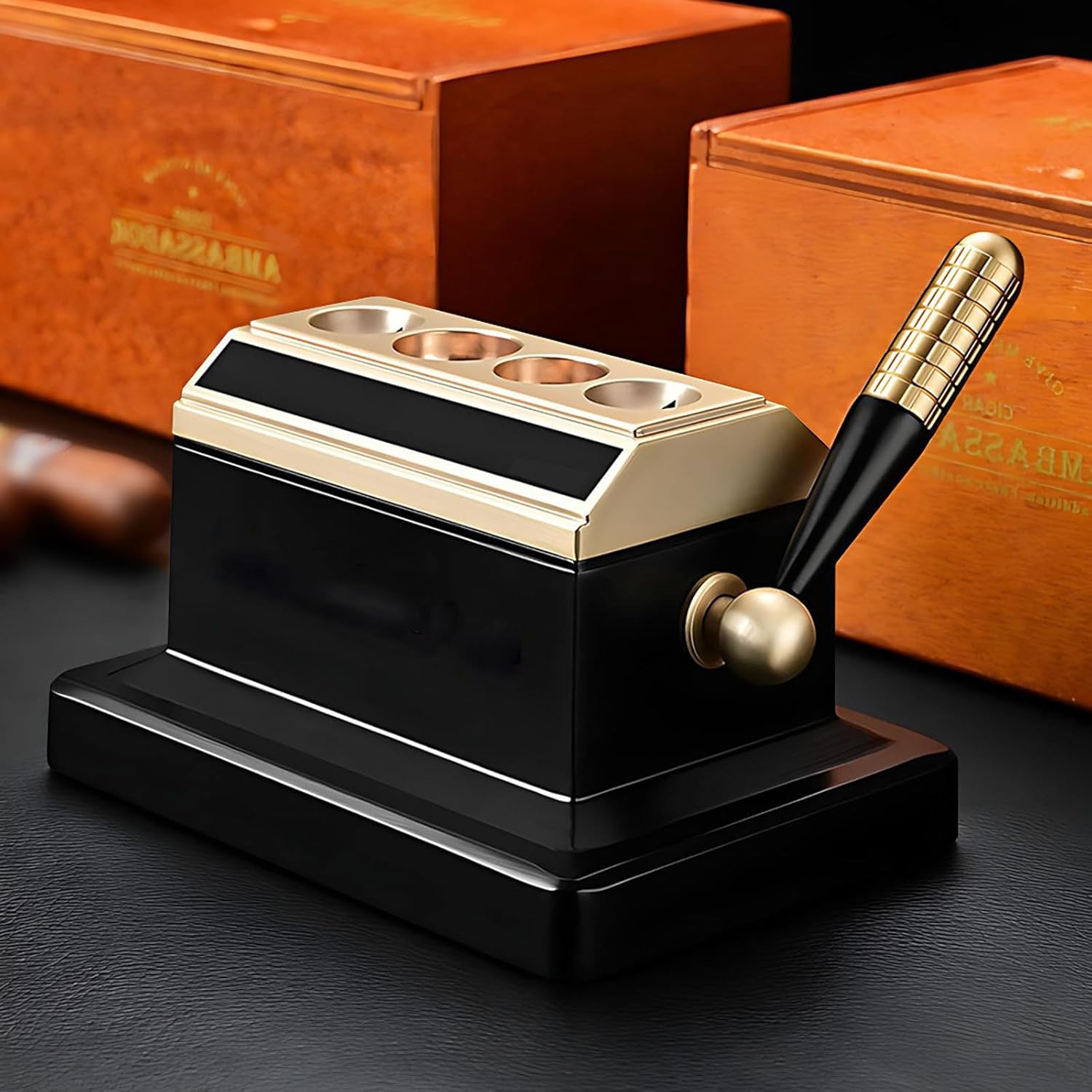 Classic Desktop Quad Cigar Cutter, Table Top Cigar Guillotine, Straight or V-Cut 4 Cutting Options, Sharp Stainless Steel Blade, for Gift to Father, Friends