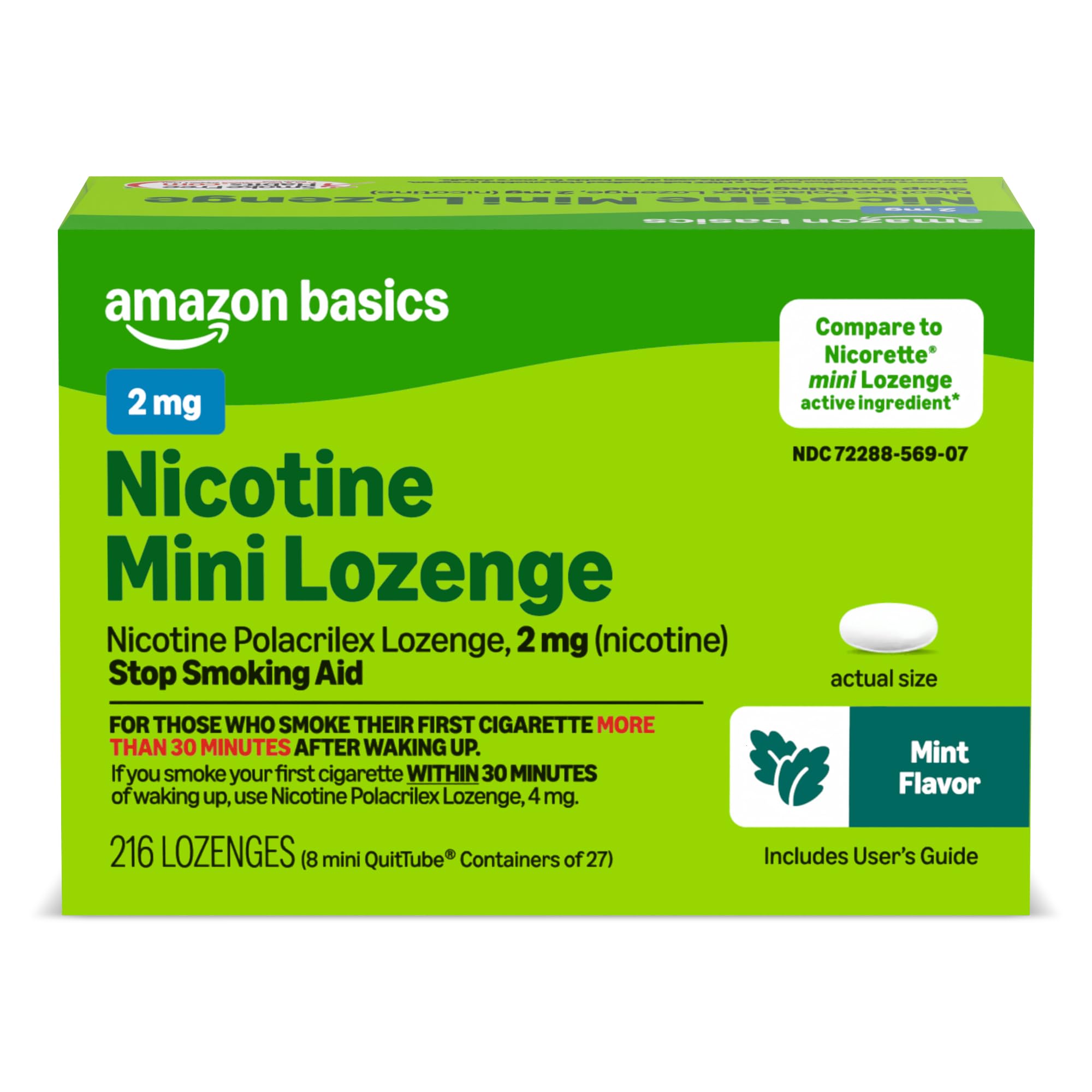 Amazon Basics Mini Nicotine Polacrilex Lozenge, 2 mg, Stop Smoking Aid, Mint Flavor, 216 Count (Previously Amazon Basic Care)