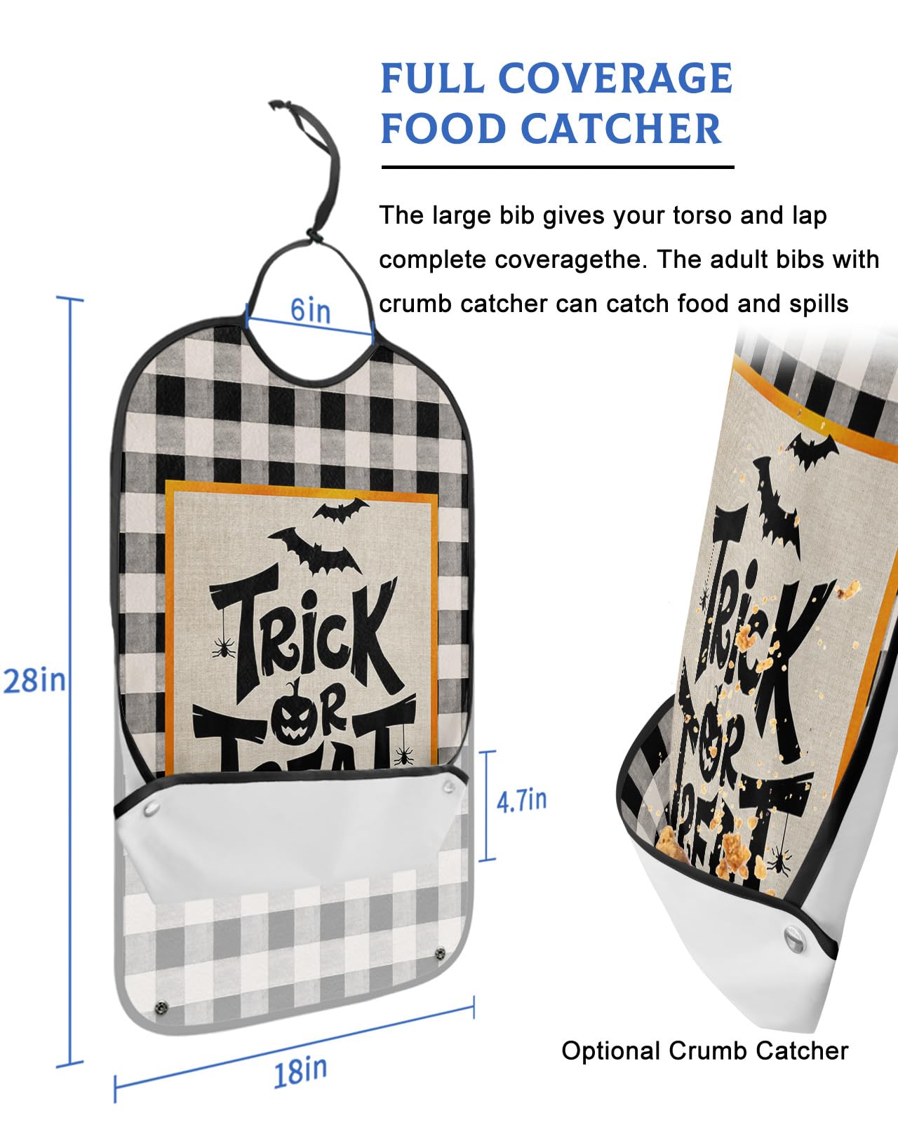 Halloween Adult Bibs for Eating, Waterproof Bibs with Food Catcher & Adjustable Snap Closure, Rustic Trick or Treat Black White Striepd Bat Clothing Protectors Adult Bibs for Elderly Women/Men