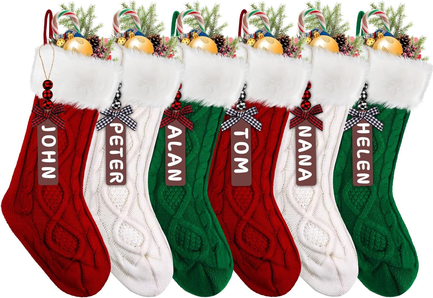 XIMISHOP 6Pcs Christmas Stocking,18”Large Cable Knitted Stocking with Tags | Personalized Xmas Hanging Stocking Decorations with Name Tags for Holiday Christmas Party Family Decor(Green Red White）